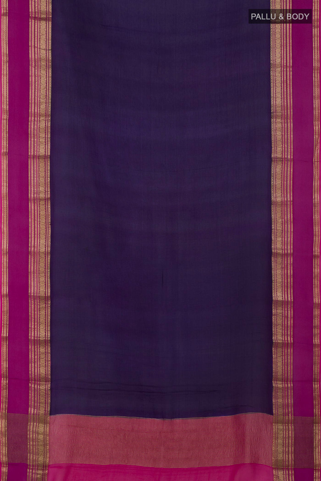 Flat view of Navy Blue Mysore Chiffon Saree with Plain Body and Zari Border. 