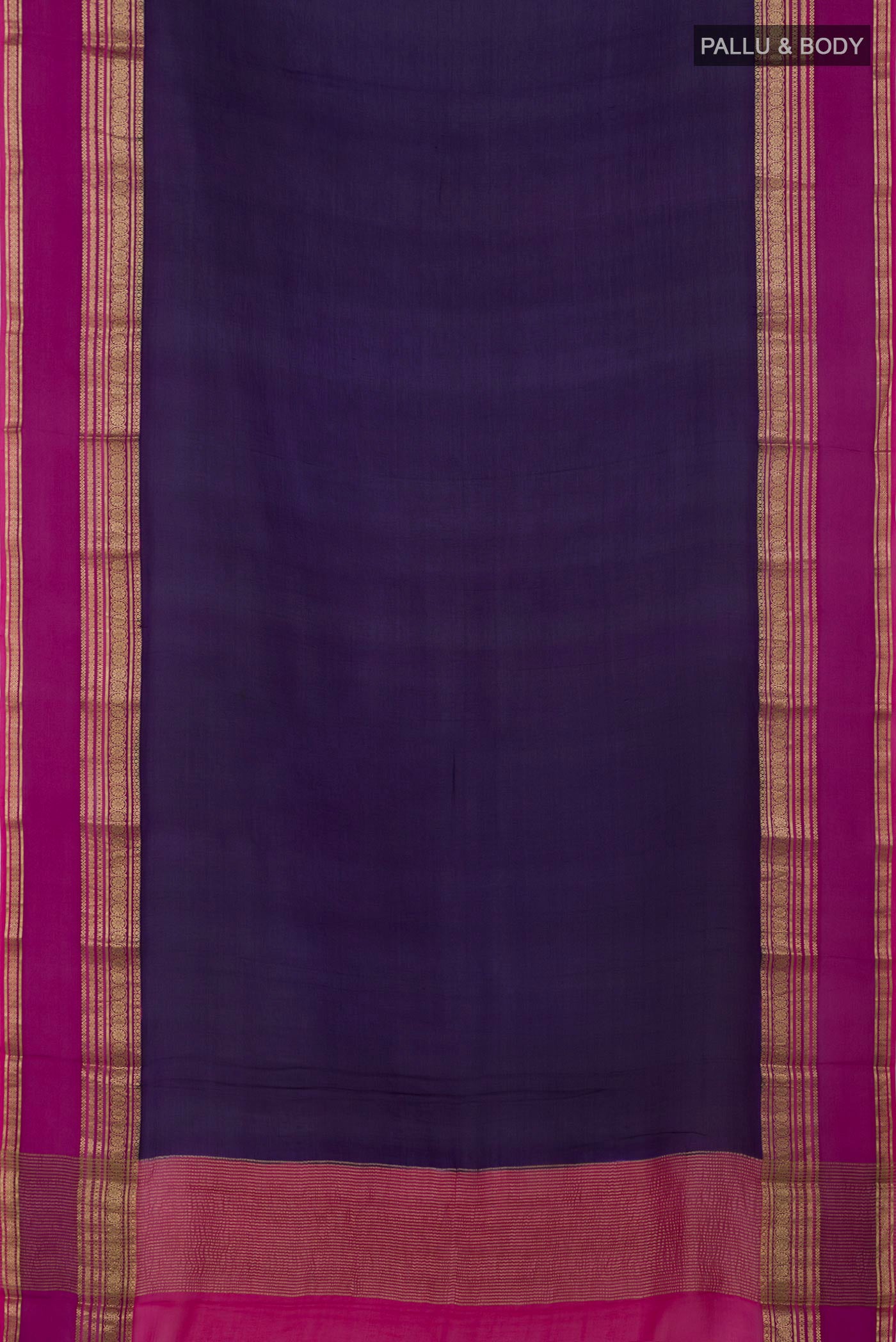 Flat view of Navy Blue Mysore Chiffon Saree with Plain Body and Zari Border. 
