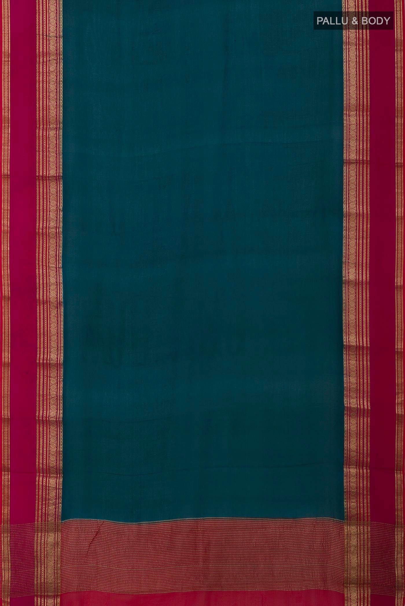 Flat view of Teal Mysore Chiffon Saree with Plain Body and Zari Border. 