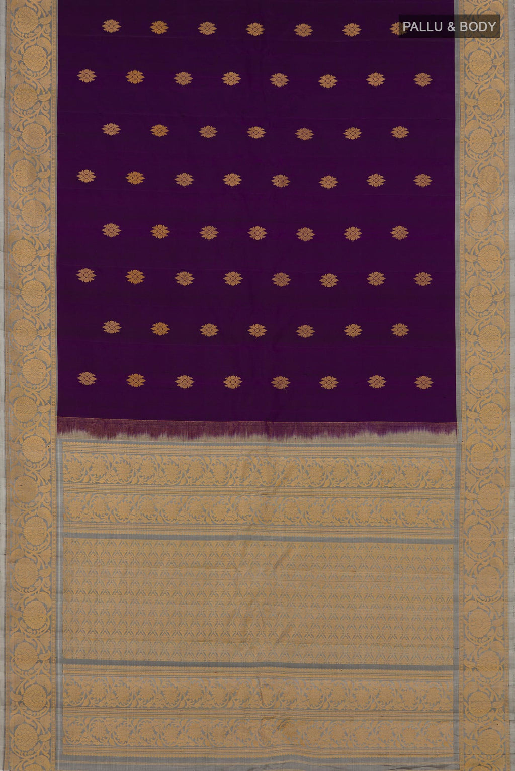 Flat view of Purple Gadwal Silk Saree with Zari Butta on the body and Zari Border. 