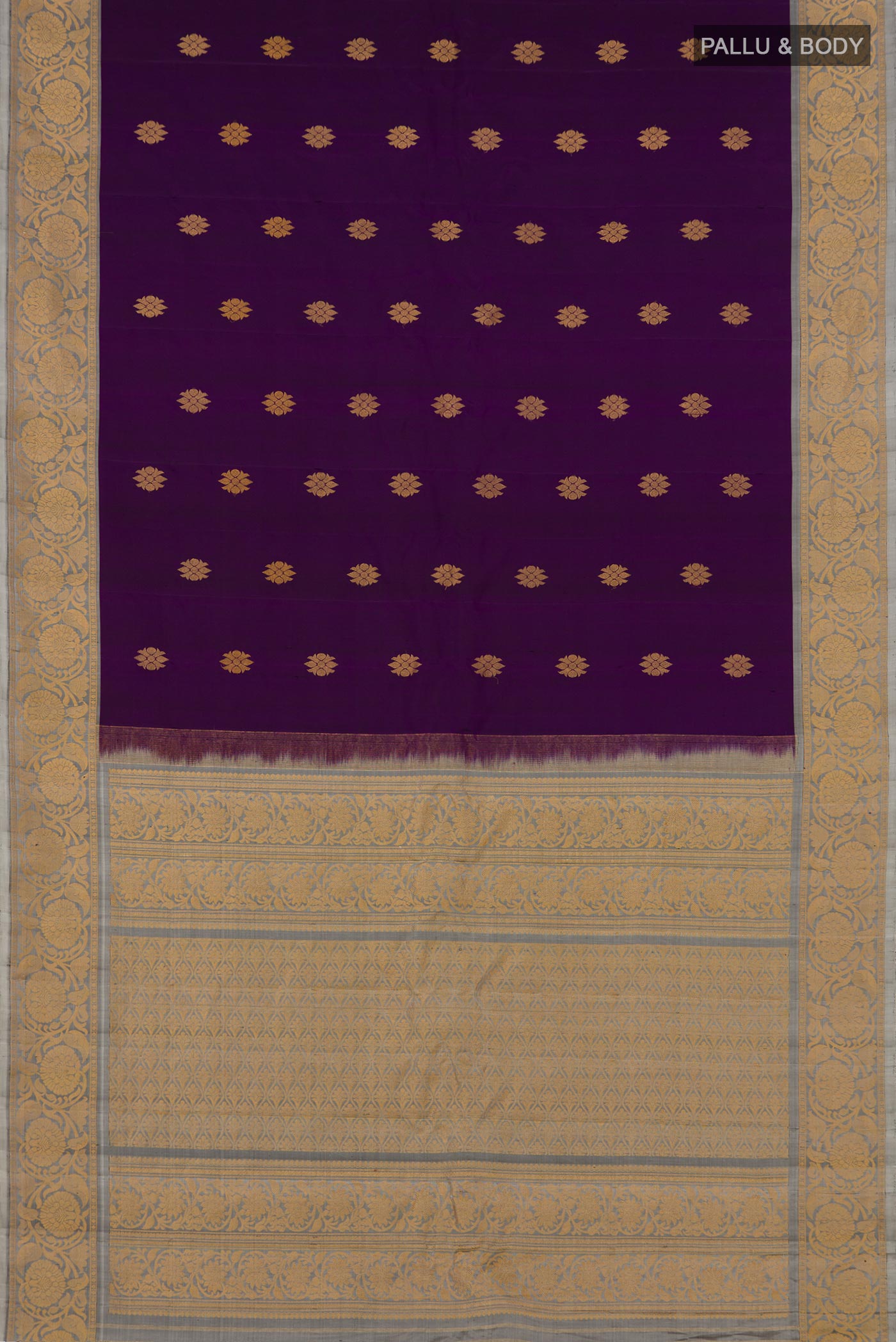 Flat view of Purple Gadwal Silk Saree with Zari Butta on the body and Zari Border. 