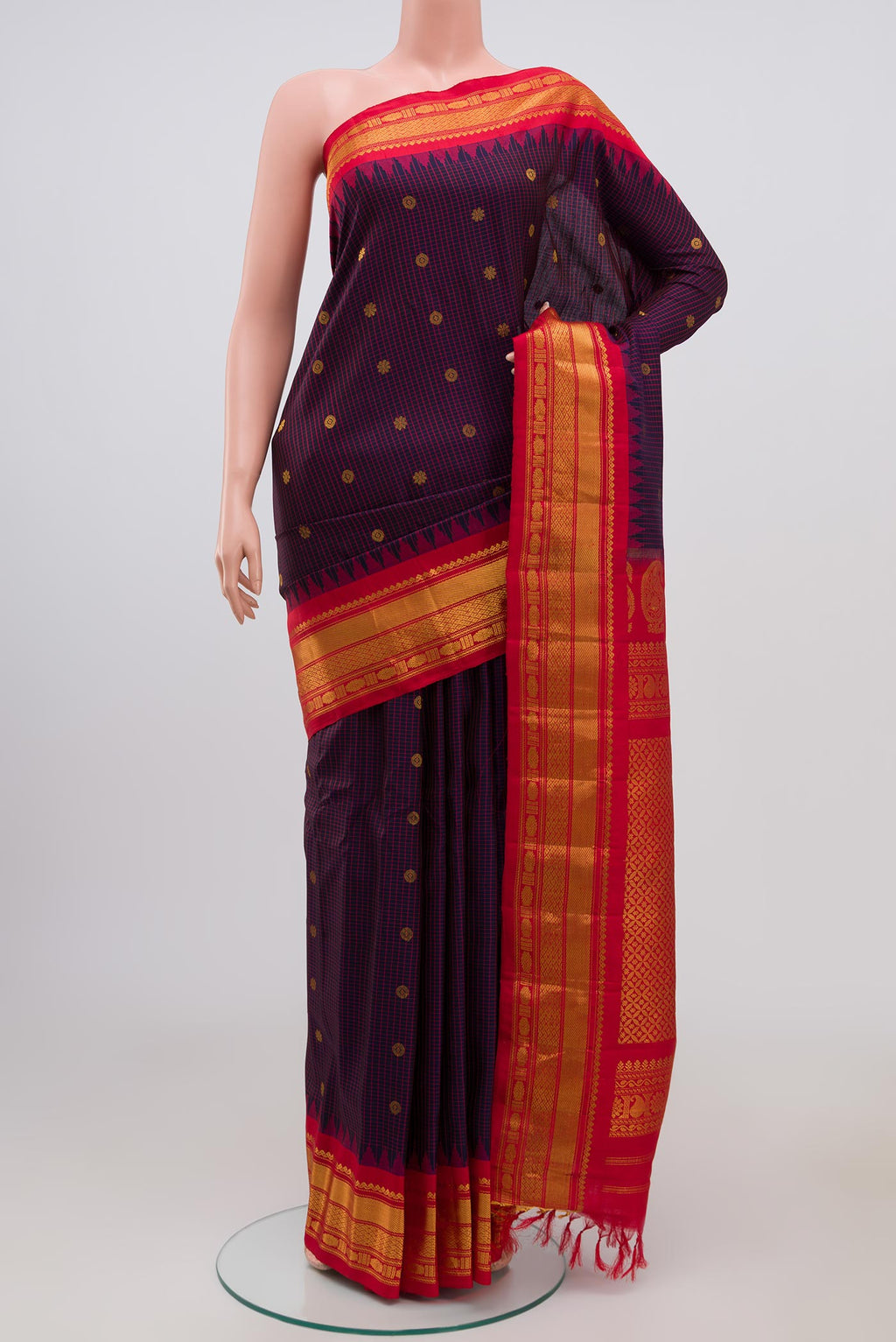 Blue Gadwal Silk Saree with Zari Butta on the body and Zari Border.  displayed on a mannequin