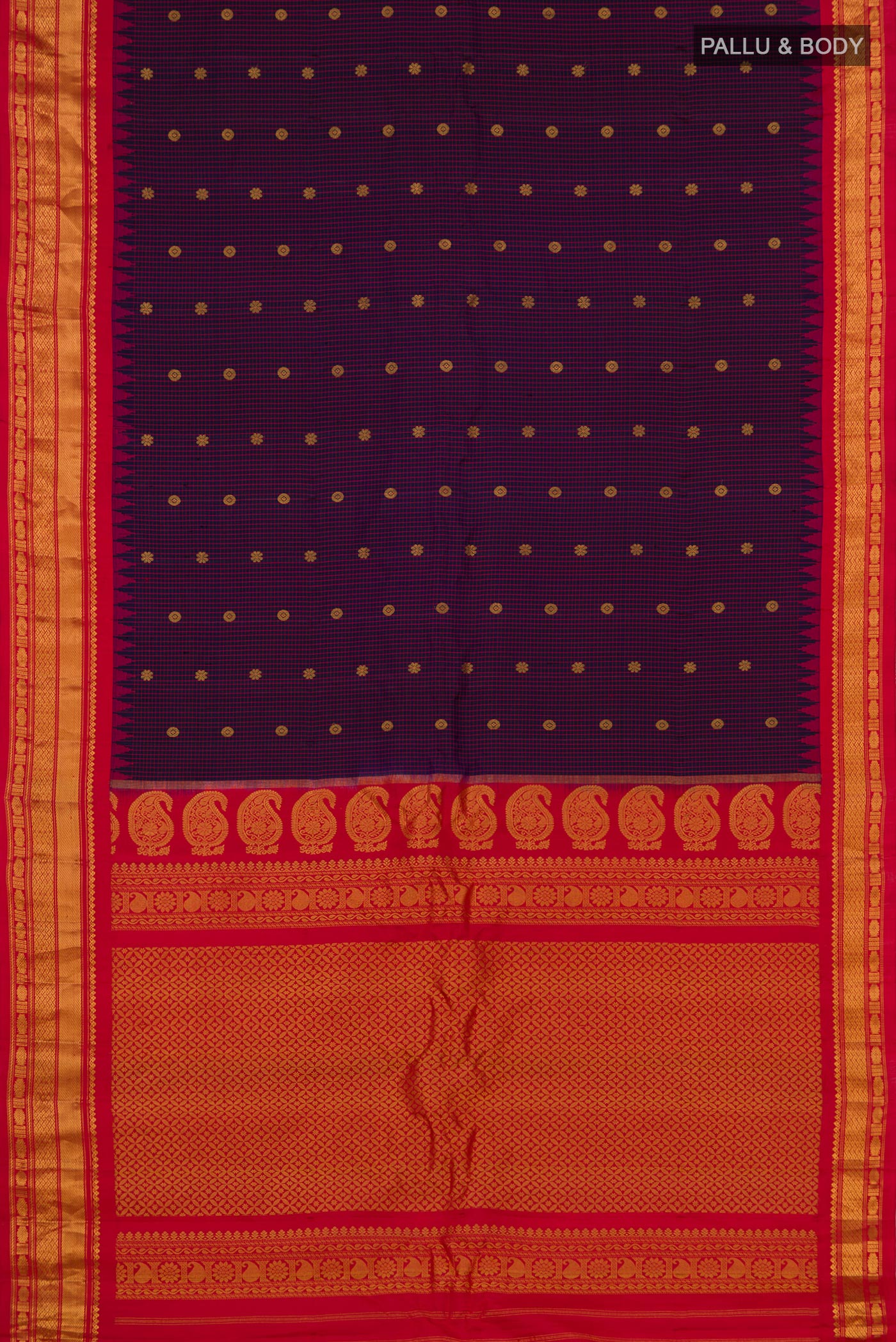 Flat view of Blue Gadwal Silk Saree with Zari Butta on the body and Zari Border. 