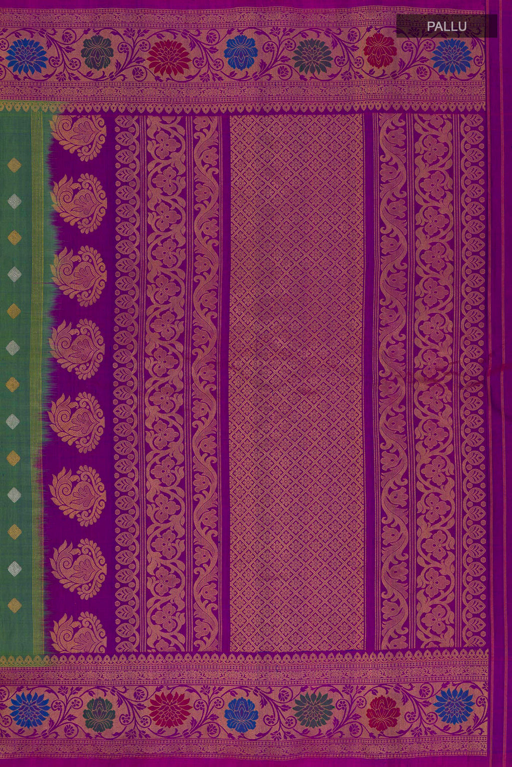 Close up image of the pallu of Green Gadwal Silk Saree with Zari Butta on the body and Zari Border. 