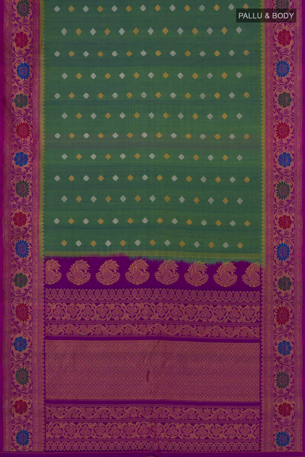 Flat view of Green Gadwal Silk Saree with Zari Butta on the body and Zari Border. 