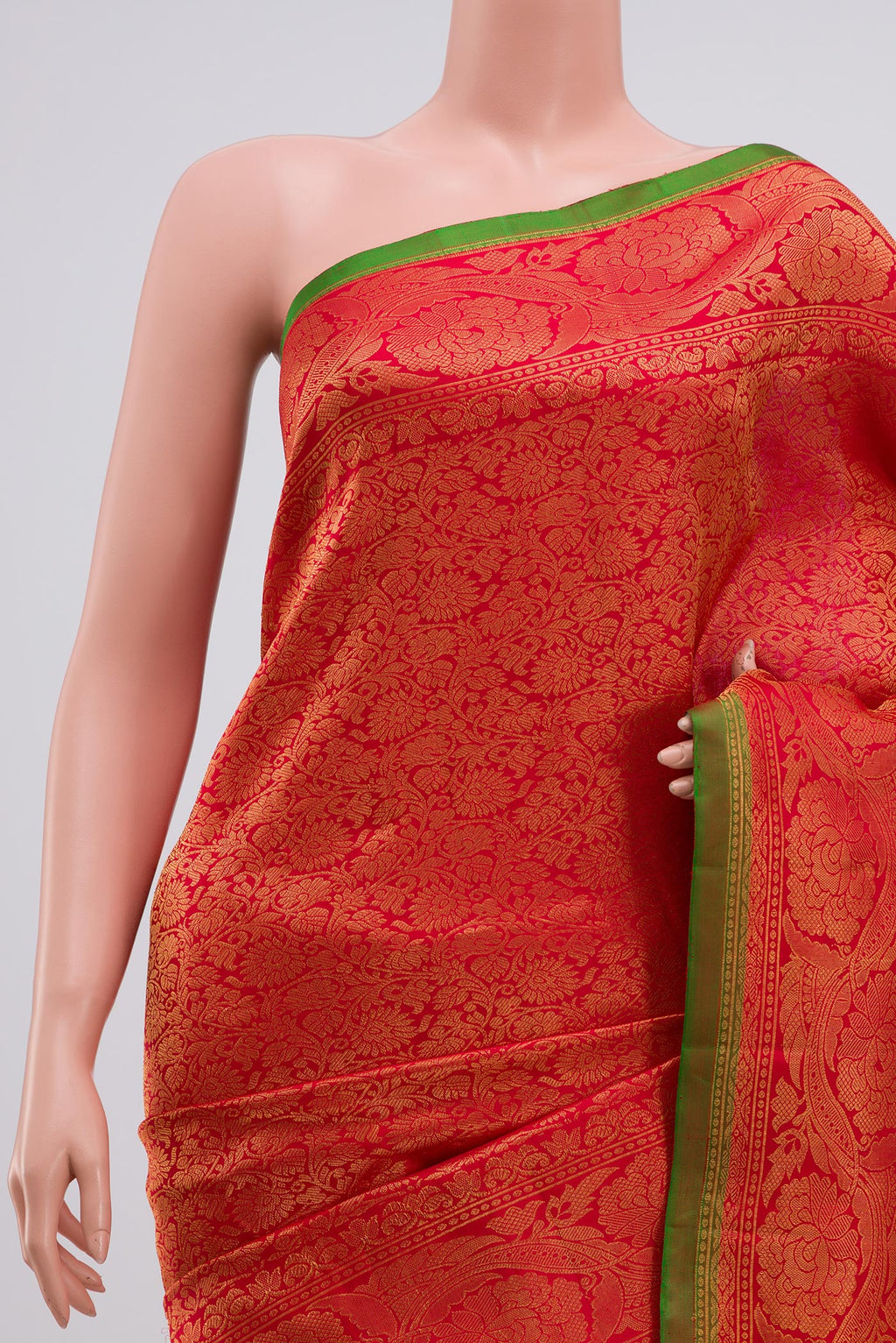 Border image of Red Gadwal Silk Saree with Zari Brocade on the body and Zari Border. 