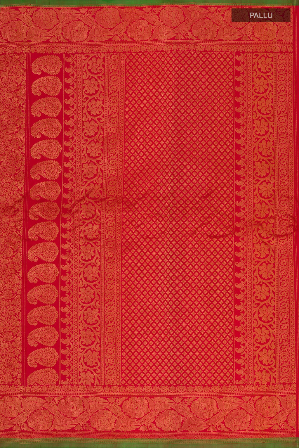 Close up image of the pallu of Red Gadwal Silk Saree with Zari Brocade on the body and Zari Border. 