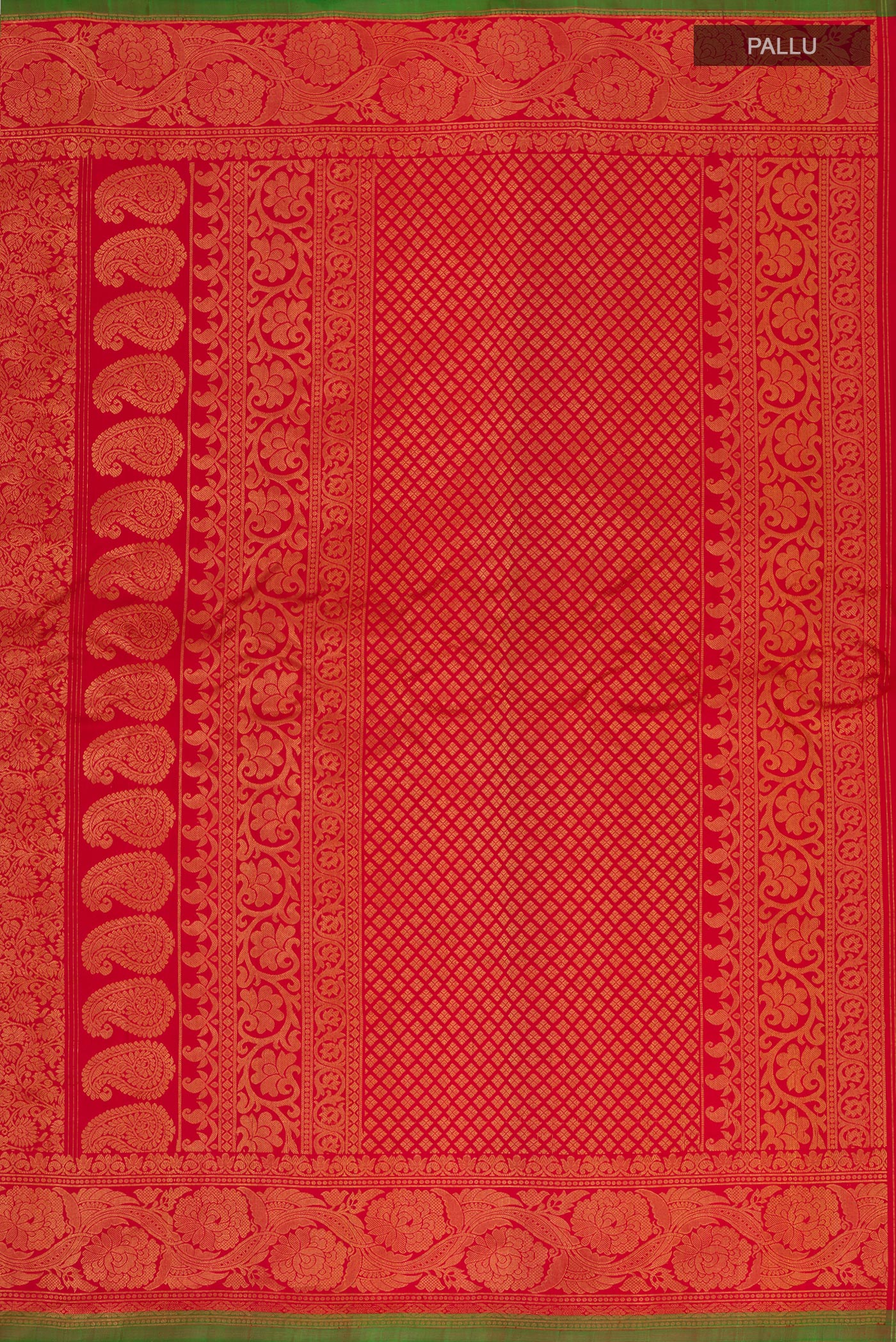 Close up image of the pallu of Red Gadwal Silk Saree with Zari Brocade on the body and Zari Border. 