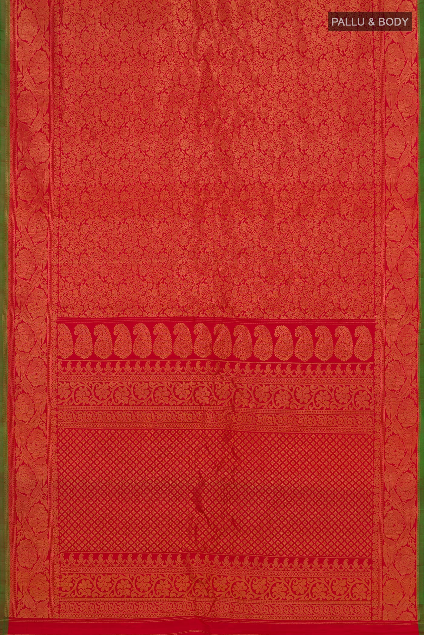 Flat view of Red Gadwal Silk Saree with Zari Brocade on the body and Zari Border. 