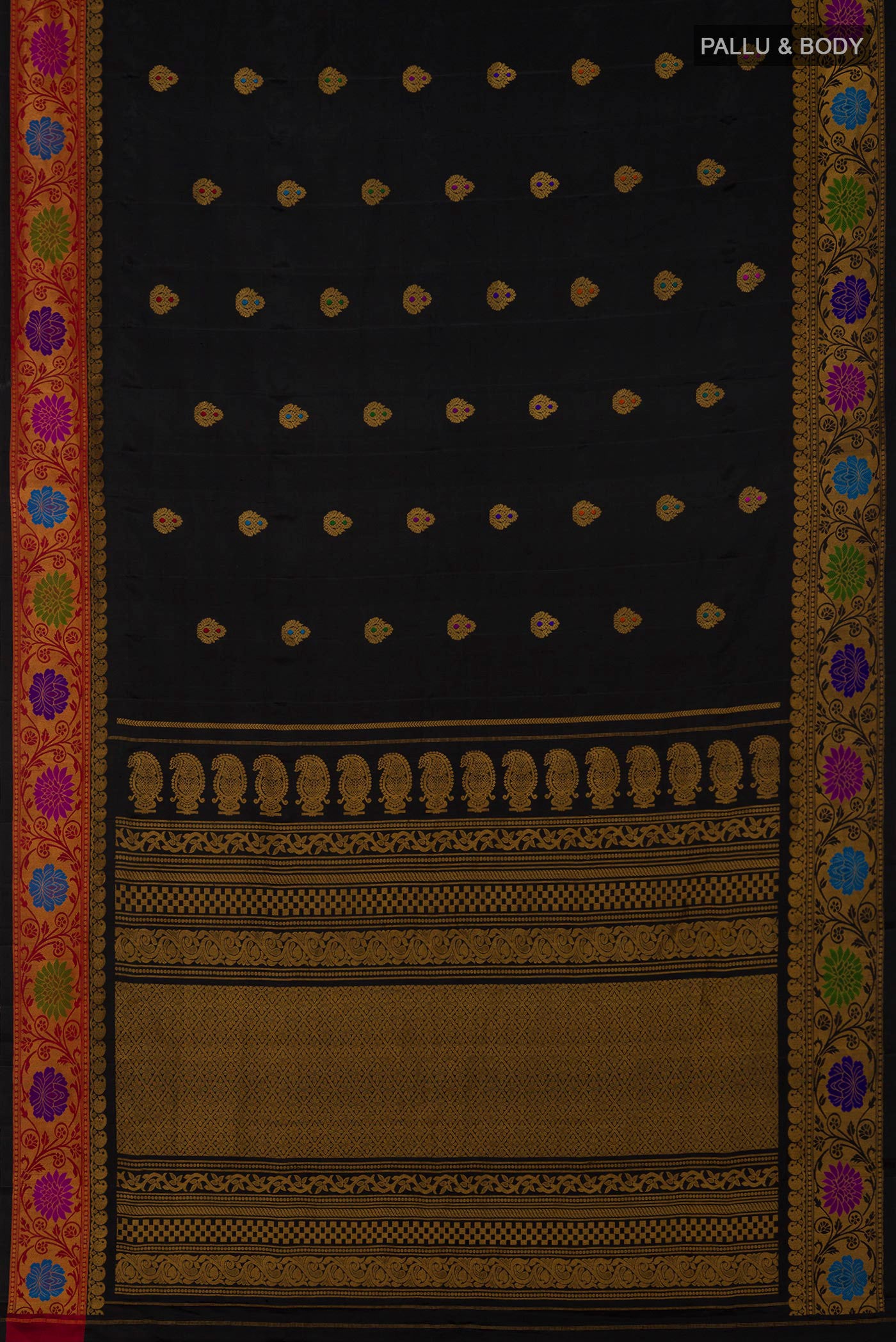 Flat view of Black Gadwal Silk Saree with Zari Butta on the body and Zari Border. 