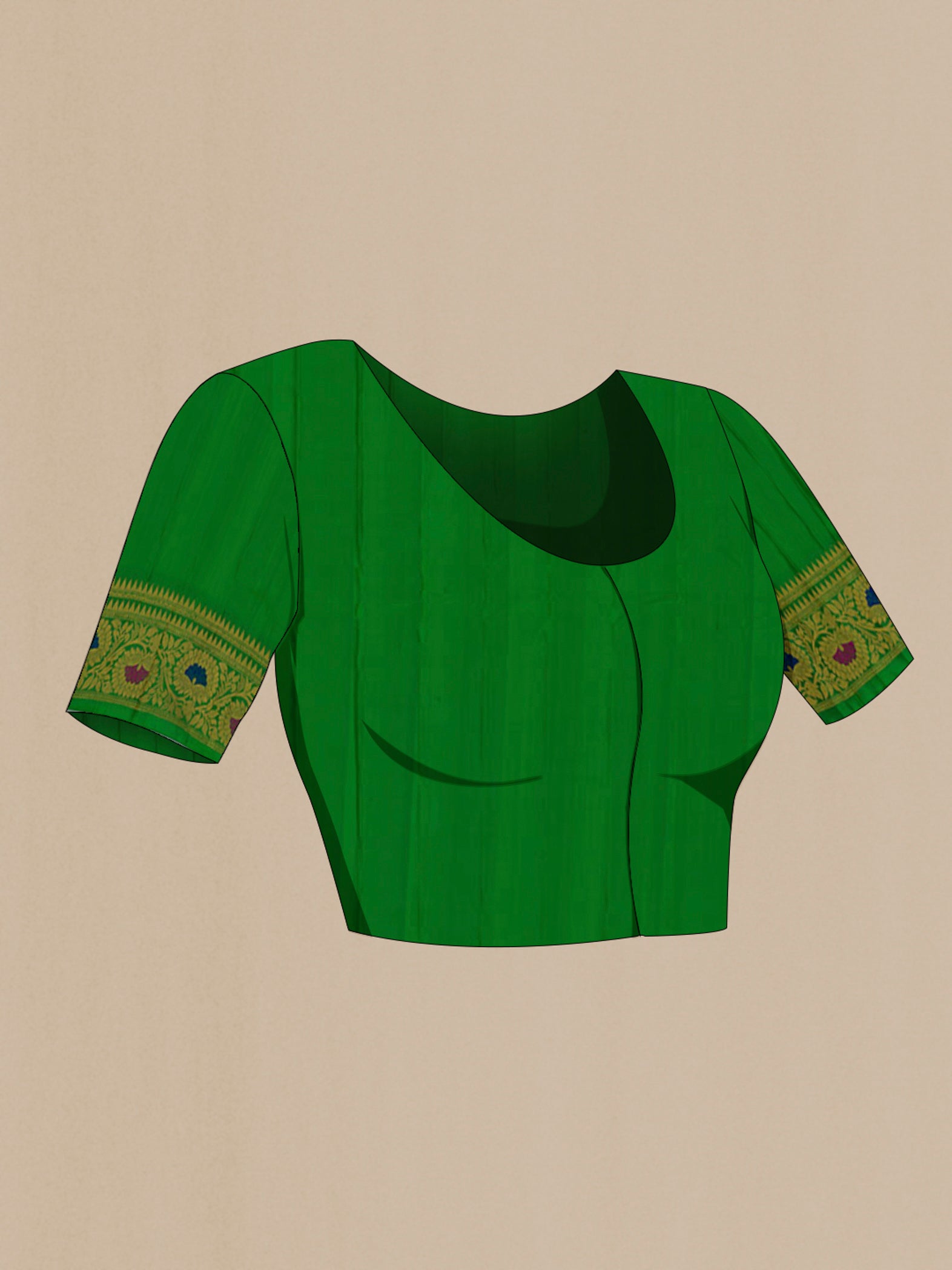 Close up image of the blouse of Peacock Blue Gadwal Silk Saree with Zari Butta on the body and Zari Border. 