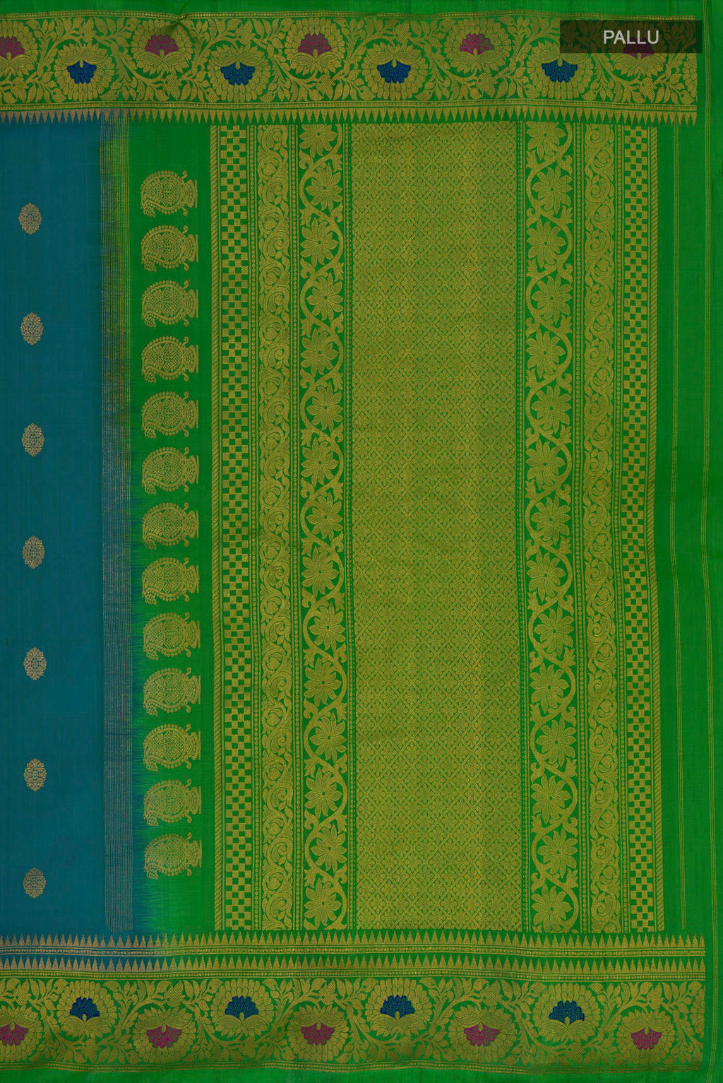 Close up image of the pallu of Peacock Blue Gadwal Silk Saree with Zari Butta on the body and Zari Border. 