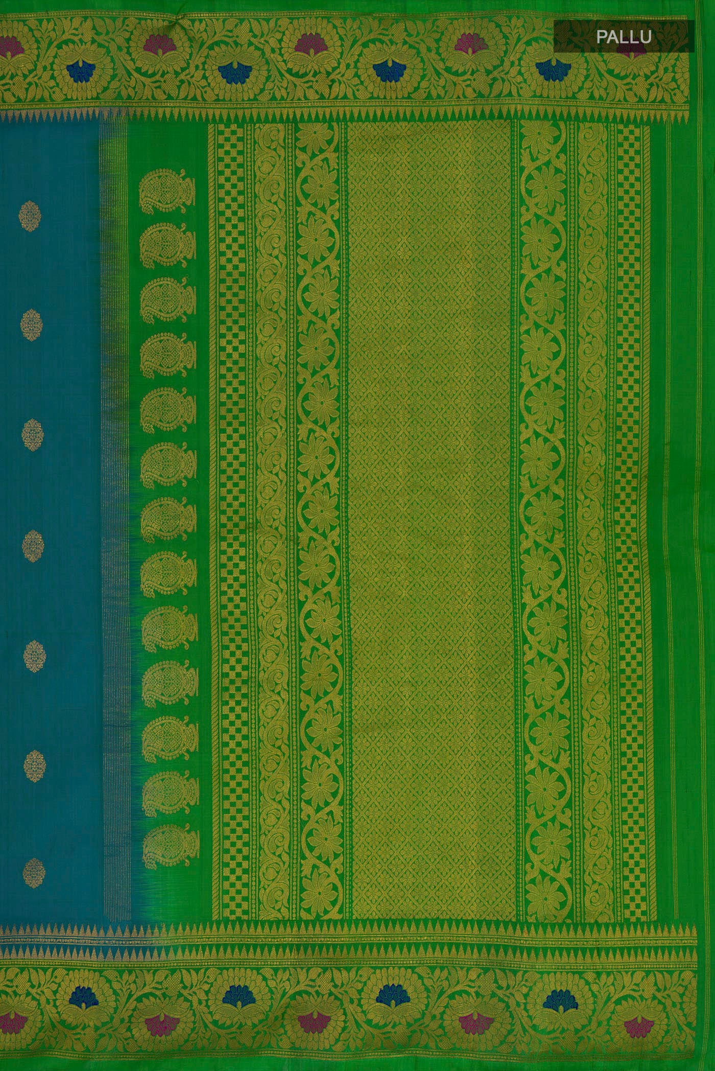 Close up image of the pallu of Peacock Blue Gadwal Silk Saree with Zari Butta on the body and Zari Border. 