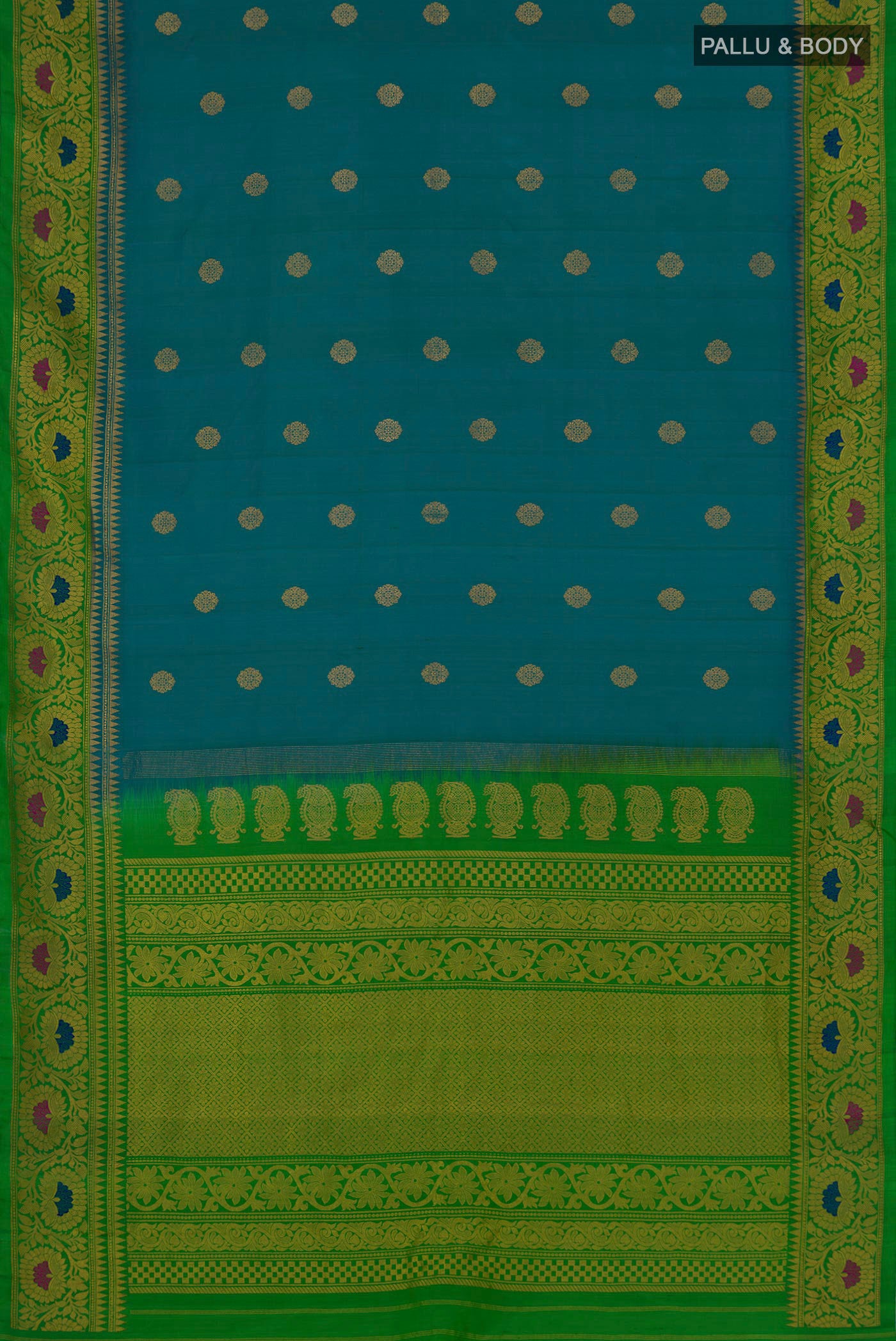 Flat view of Peacock Blue Gadwal Silk Saree with Zari Butta on the body and Zari Border. 