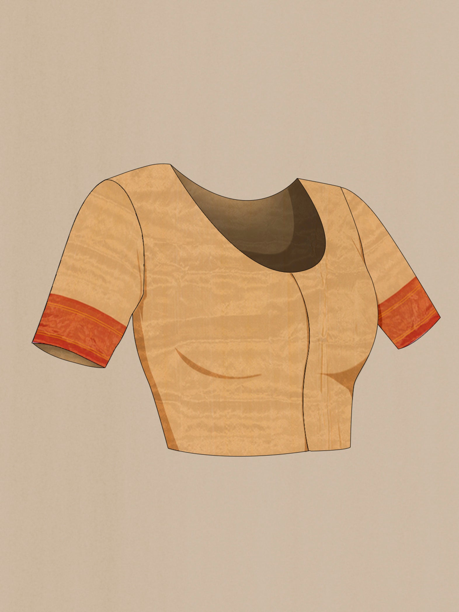 Close up image of the blouse of Sandal Paithani Silk Saree with Thread Butta on the body and Paithani Border. 