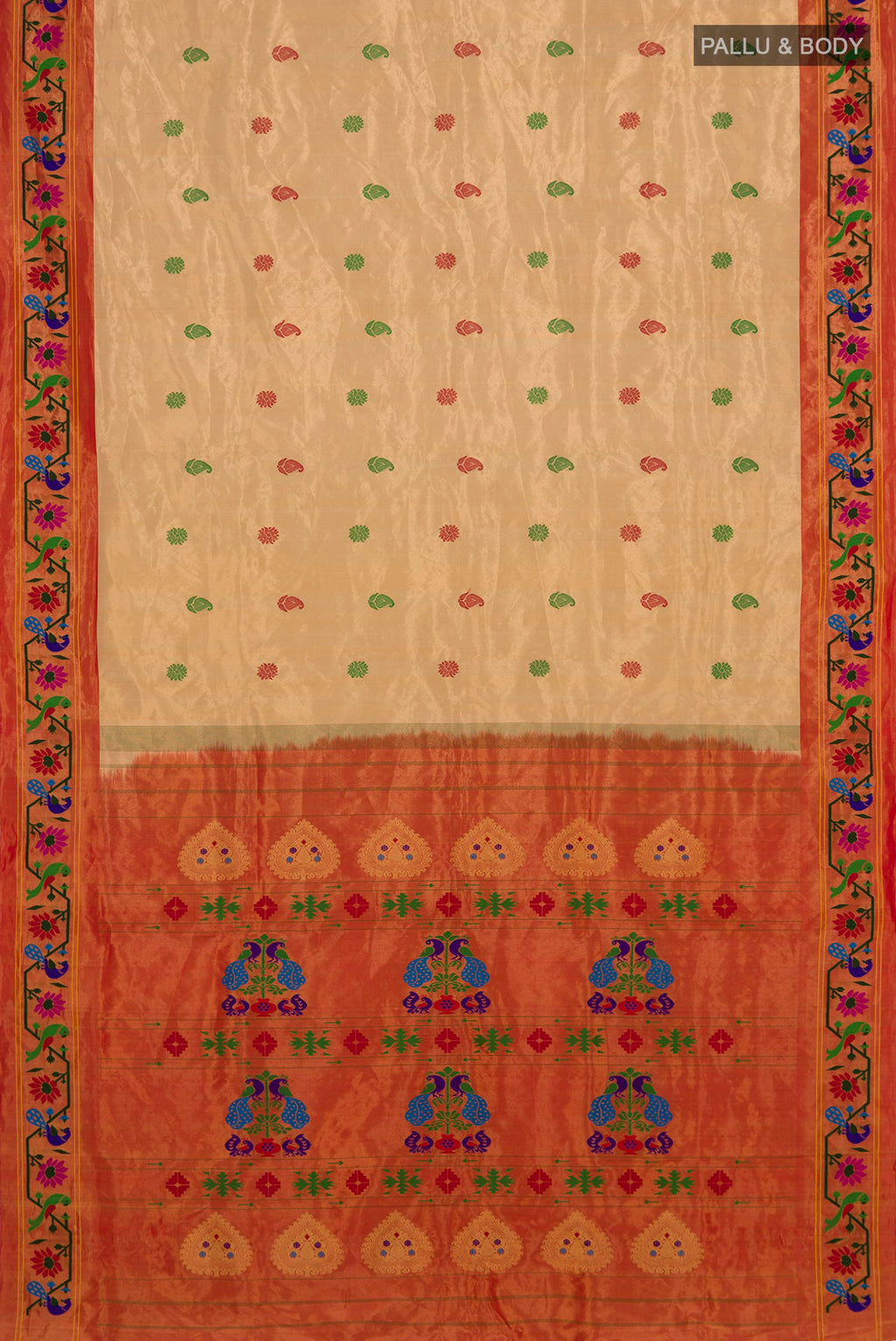 Flat view of Sandal Paithani Silk Saree with Thread Butta on the body and Paithani Border. 