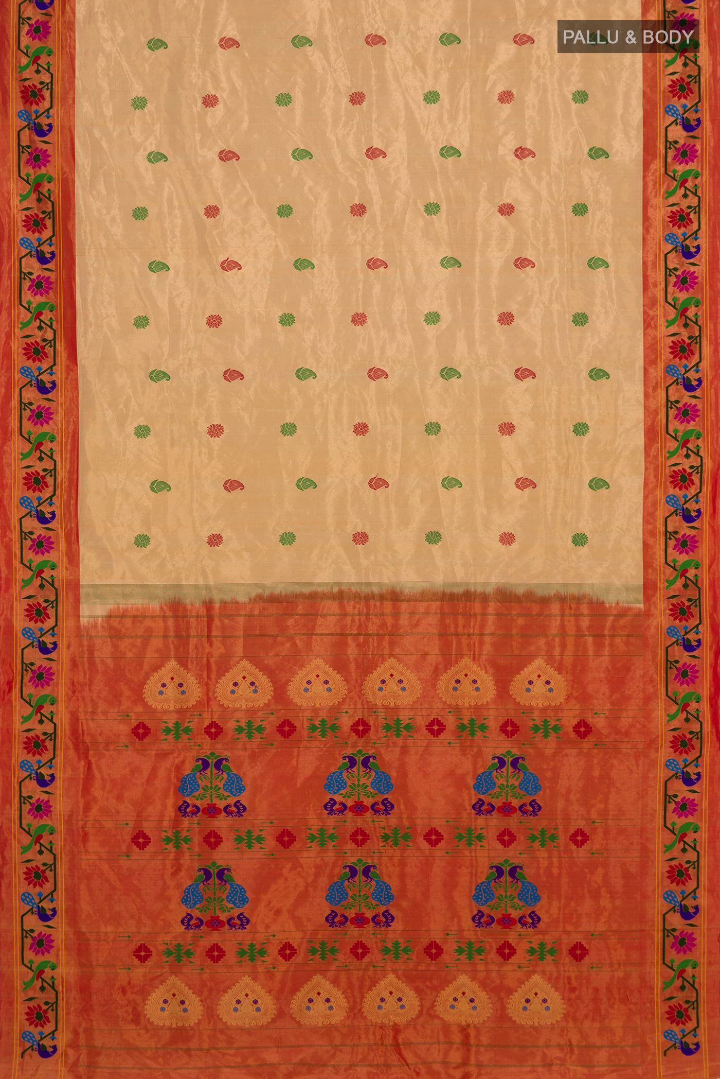 Flat view of Sandal Paithani Silk Saree with Thread Butta on the body and Paithani Border. 