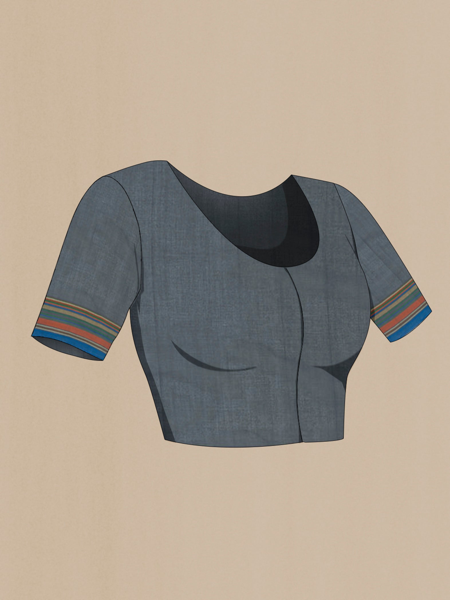 Close up image of the blouse of Blue Grey Cotton Saree with Thread Butta on the body and Thread Border. 