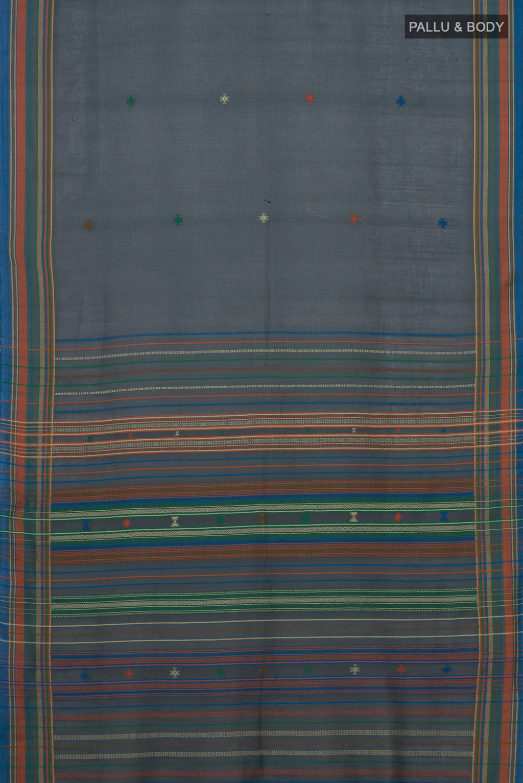 Flat view of Blue Grey Cotton Saree with Thread Butta on the body and Thread Border. 