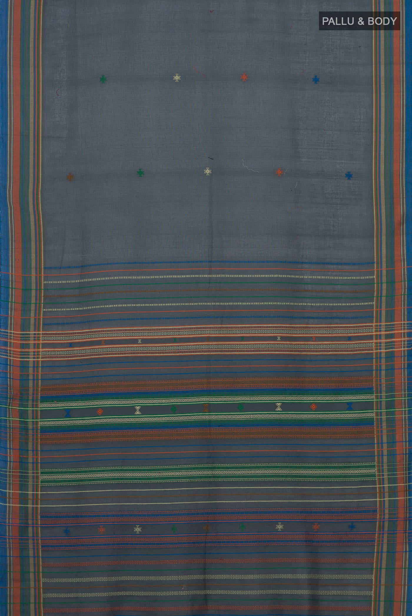 Flat view of Blue Grey Cotton Saree with Thread Butta on the body and Thread Border. 