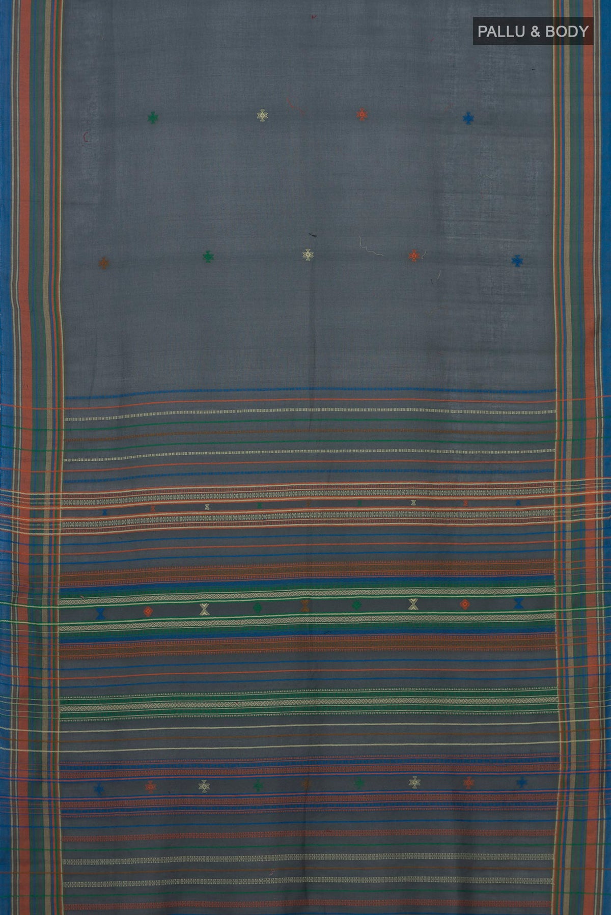 Flat view of Blue Grey Cotton Saree with Thread Butta on the body and Thread Border. 