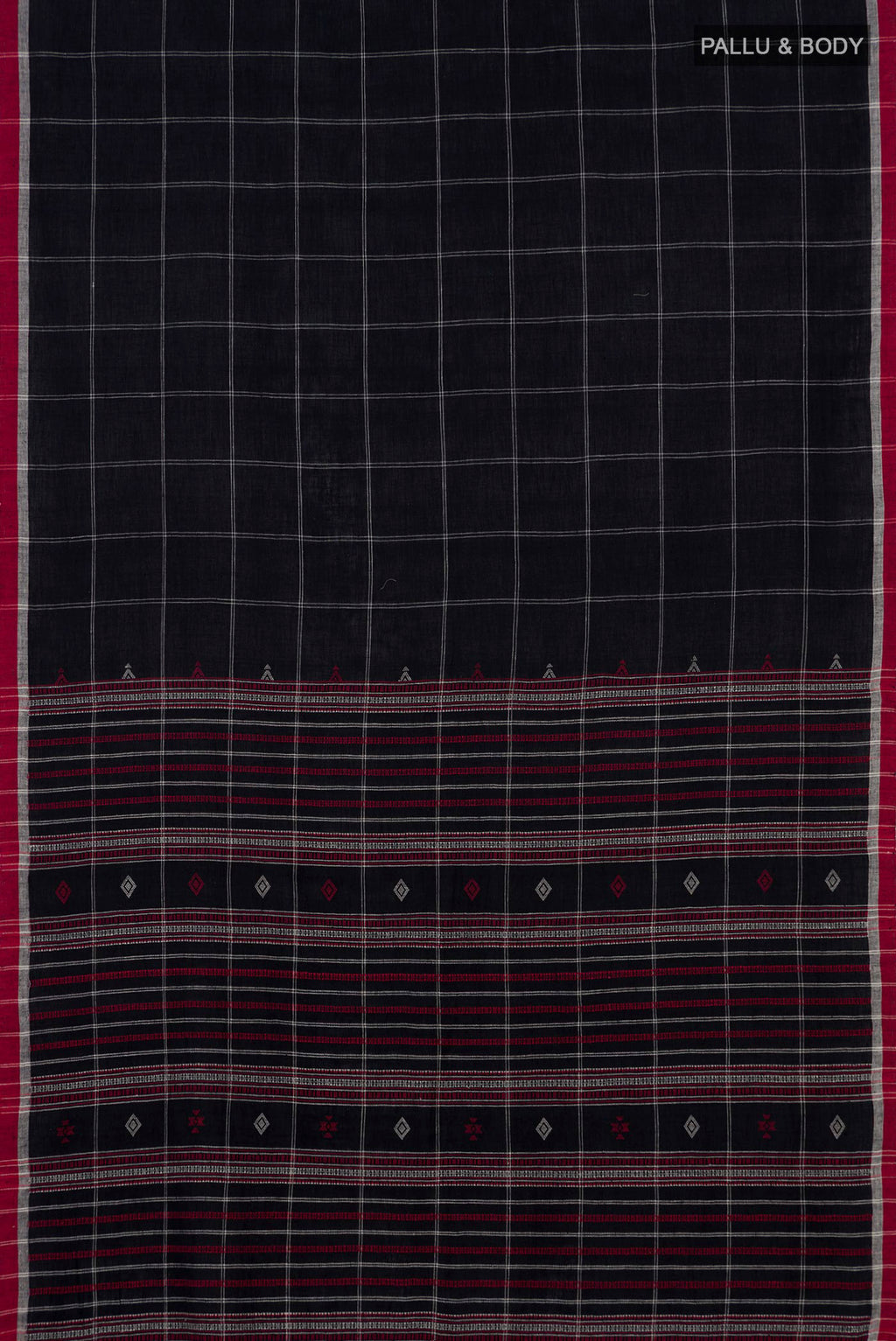 Flat view of Black Cotton Saree with Checked design on the body and Thread Border. 