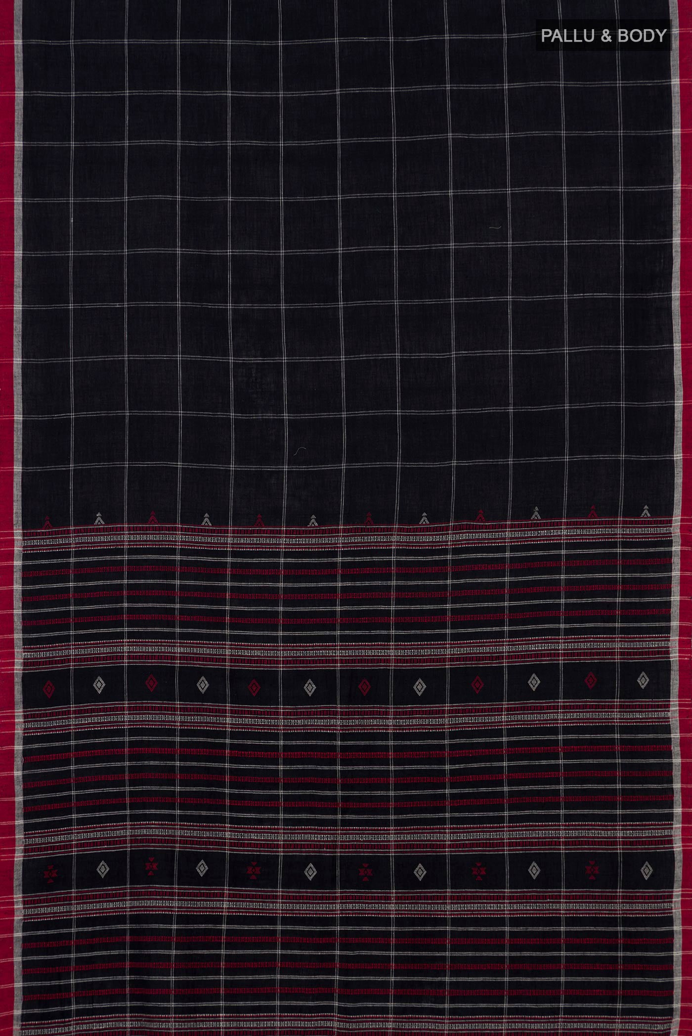 Flat view of Black Cotton Saree with Checked design on the body and Thread Border. 