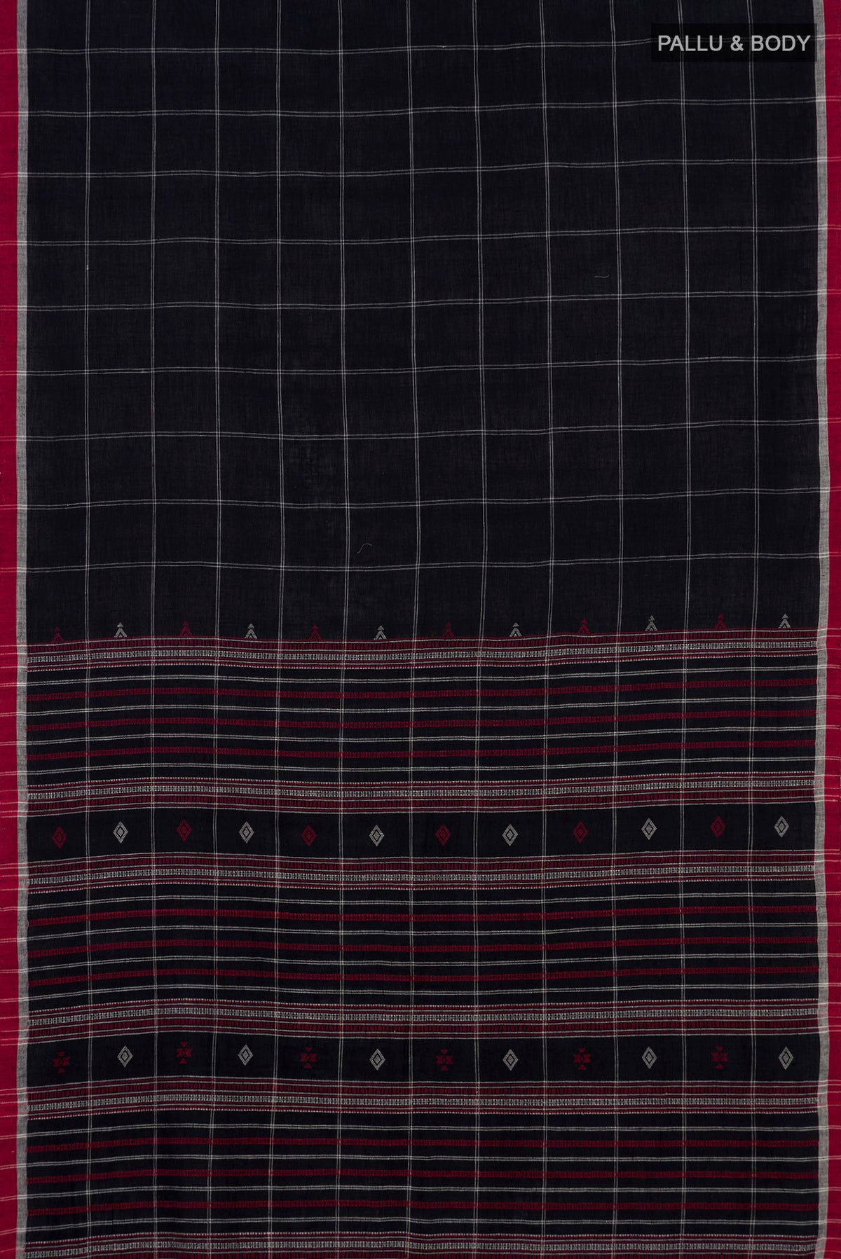 Flat view of Black Cotton Saree with Checked design on the body and Thread Border. 