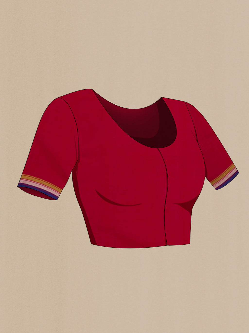 Close up image of the blouse of Red Assam Cotton Saree with Thread Butta on the body and Thread Border. 