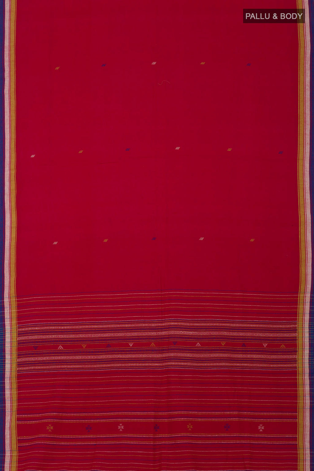Flat view of Red Assam Cotton Saree with Thread Butta on the body and Thread Border. 