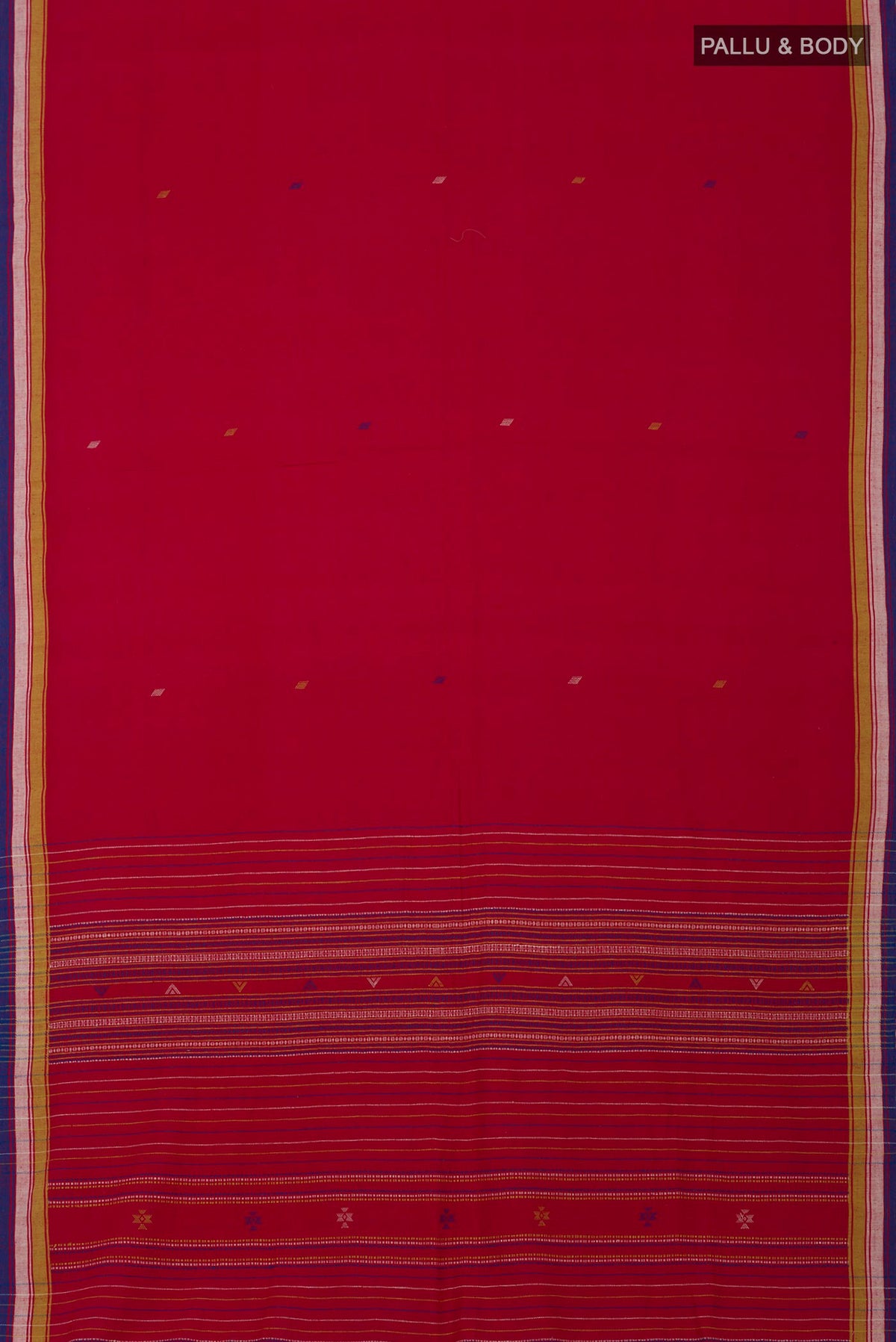 Flat view of Red Assam Cotton Saree with Thread Butta on the body and Thread Border. 