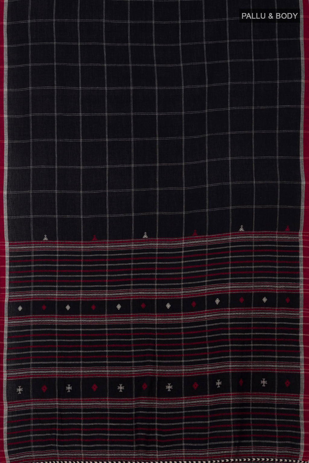 Flat view of Black Assam Cotton Saree with Checked design on the body and Thread Border. 