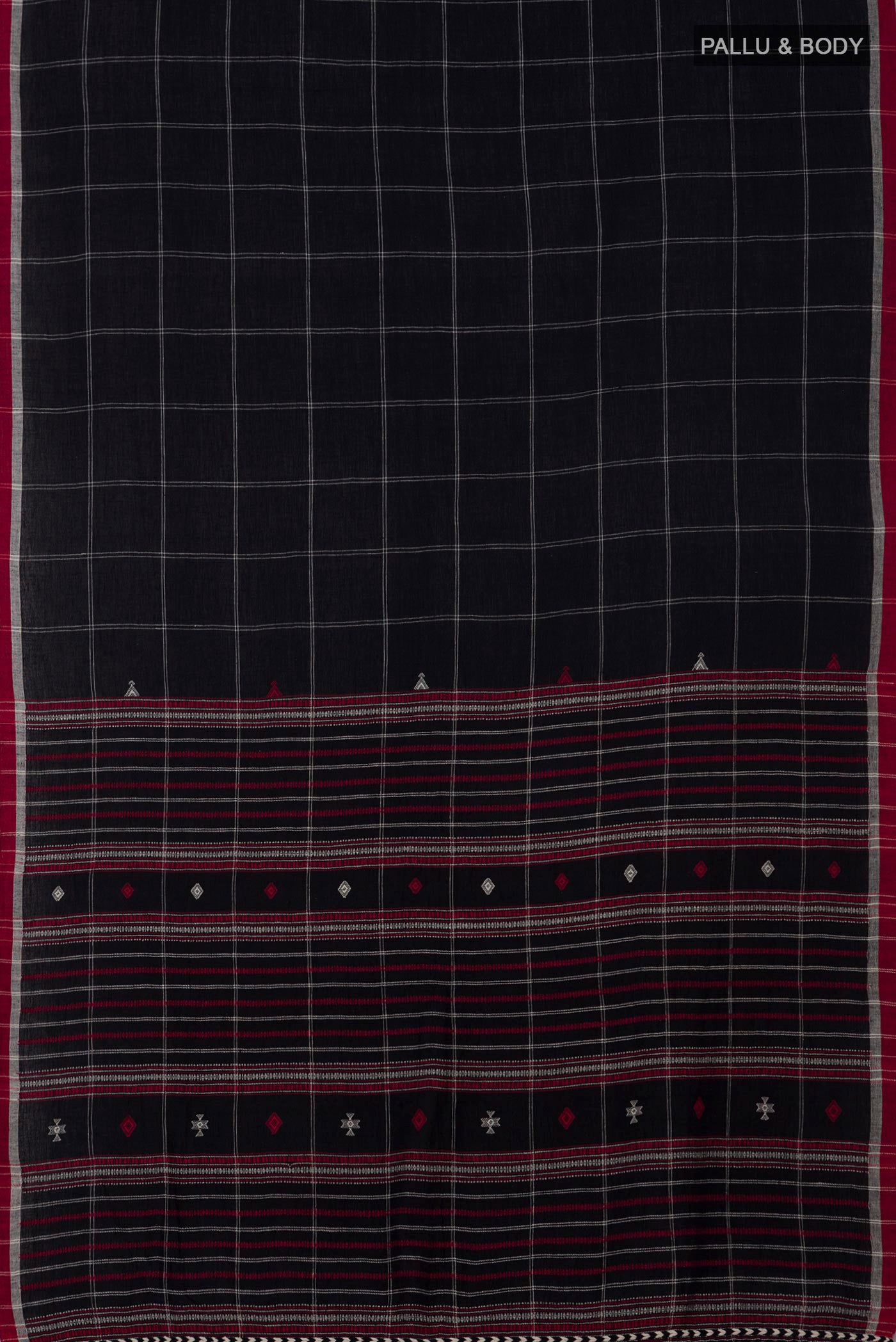 Flat view of Black Assam Cotton Saree with Checked design on the body and Thread Border. 