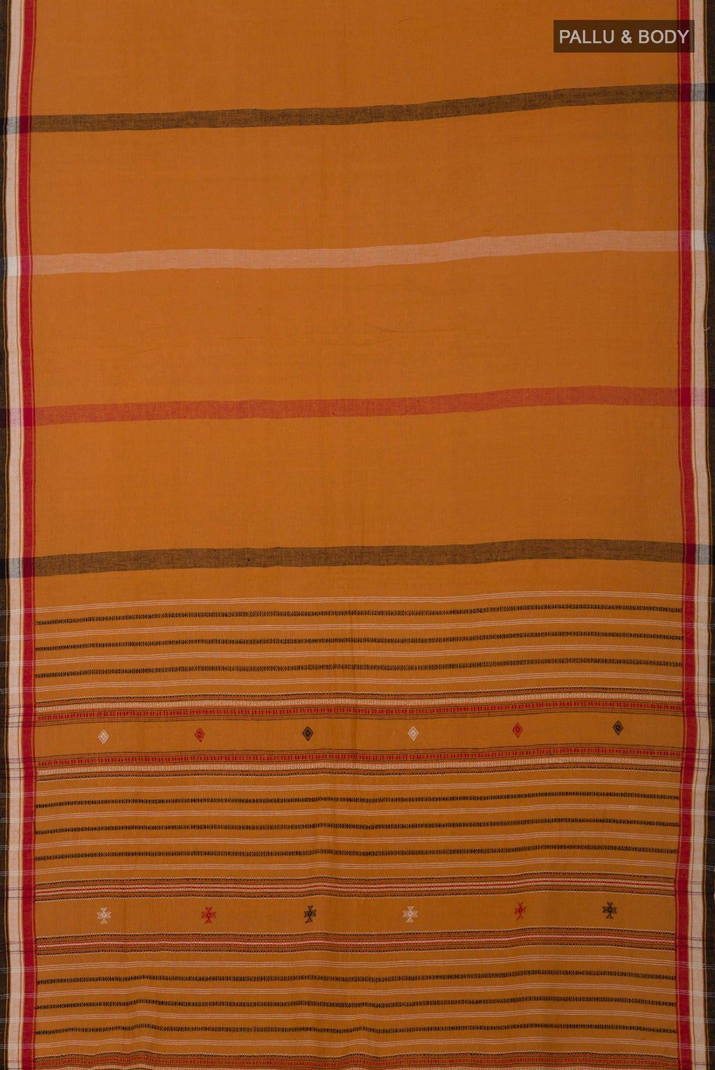 Flat view of Yellow Assam Cotton Saree with Plain Body and Thread Border. 