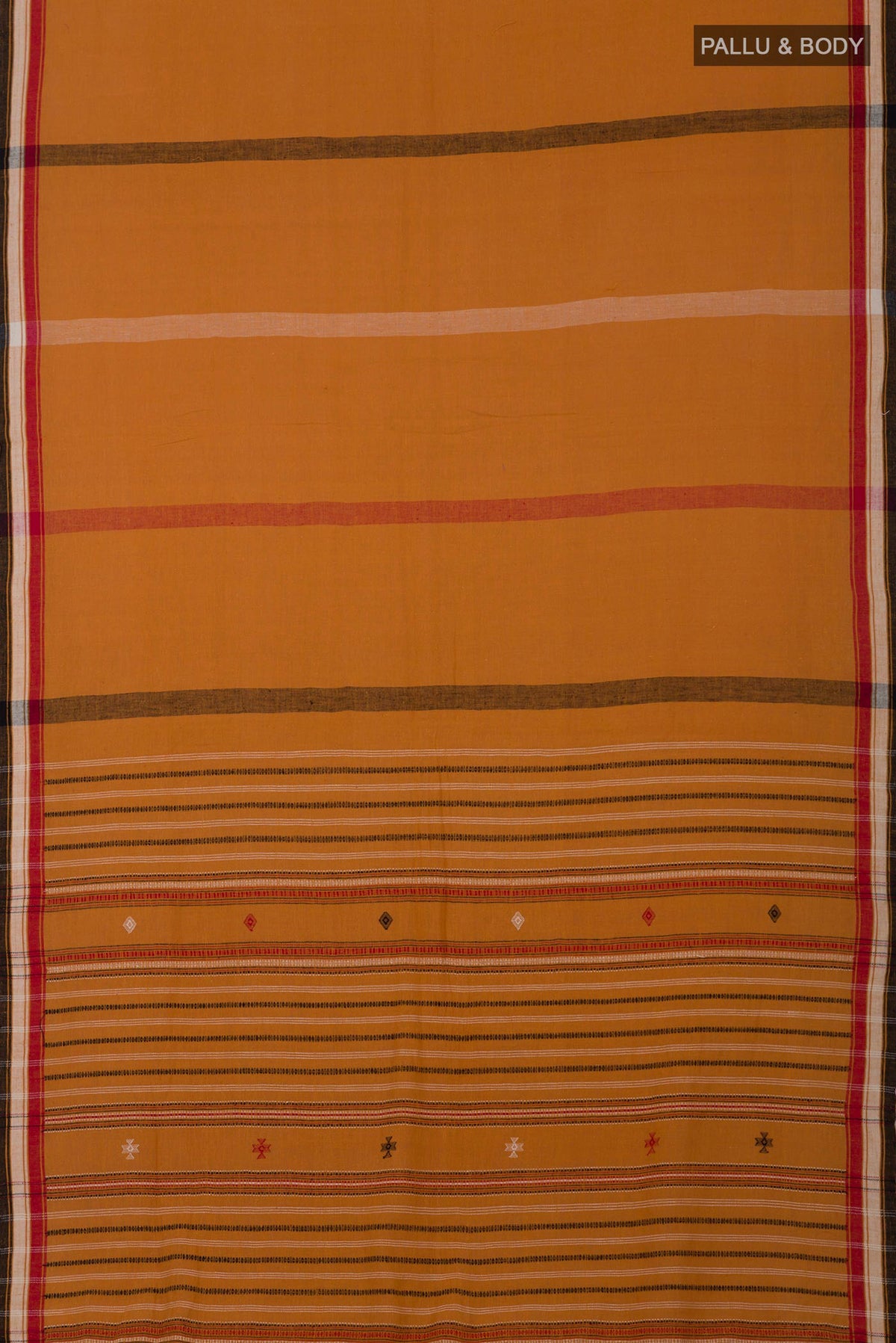 Flat view of Yellow Assam Cotton Saree with Plain Body and Thread Border. 