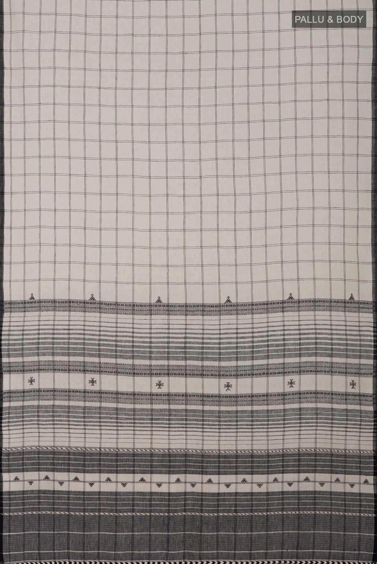 Flat view of White Bengal Cotton Saree with Checked design on the body and Plain Border. 