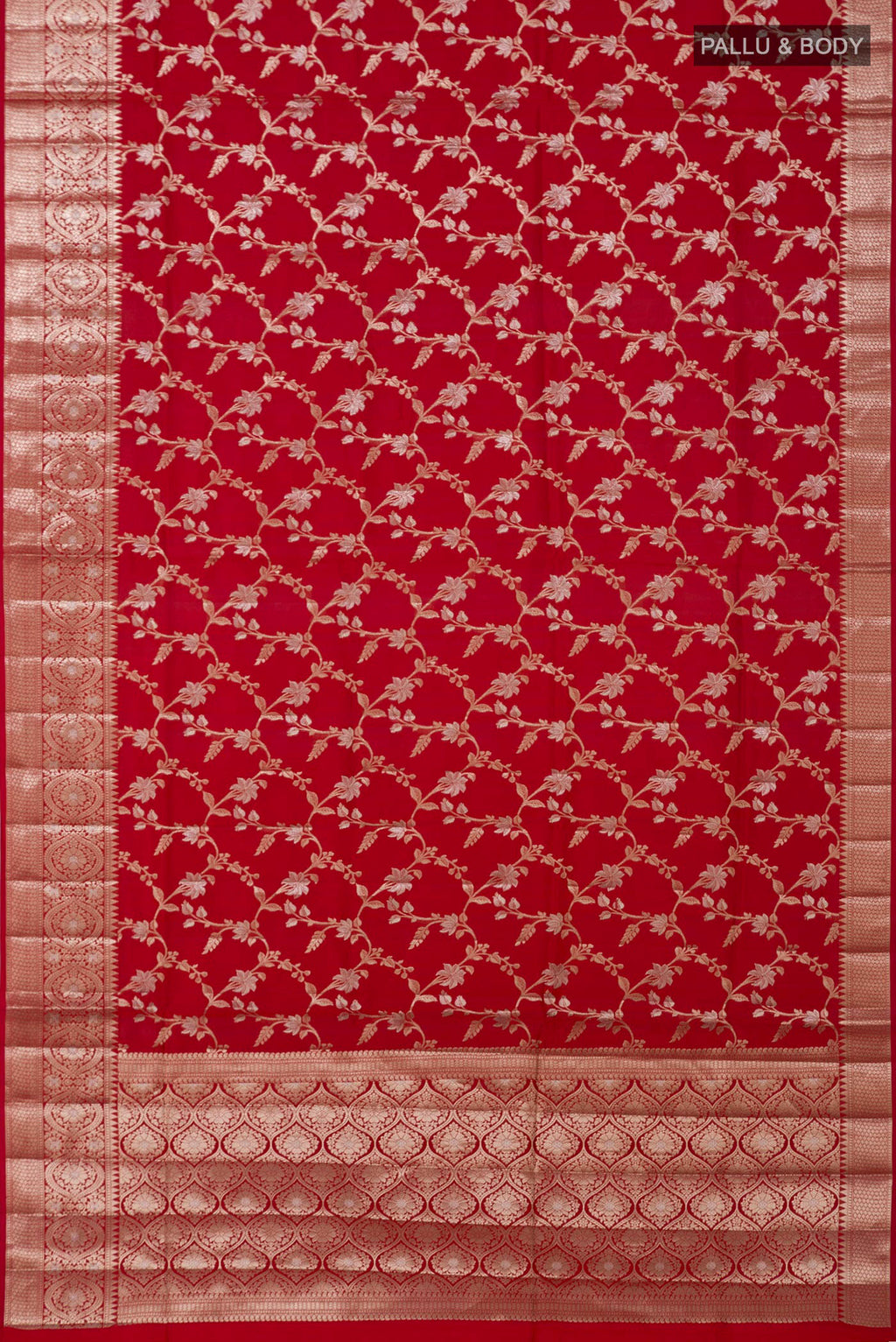 Flat view of Red Raw Silk Saree with Zari Butta on the body and Zari Border. 