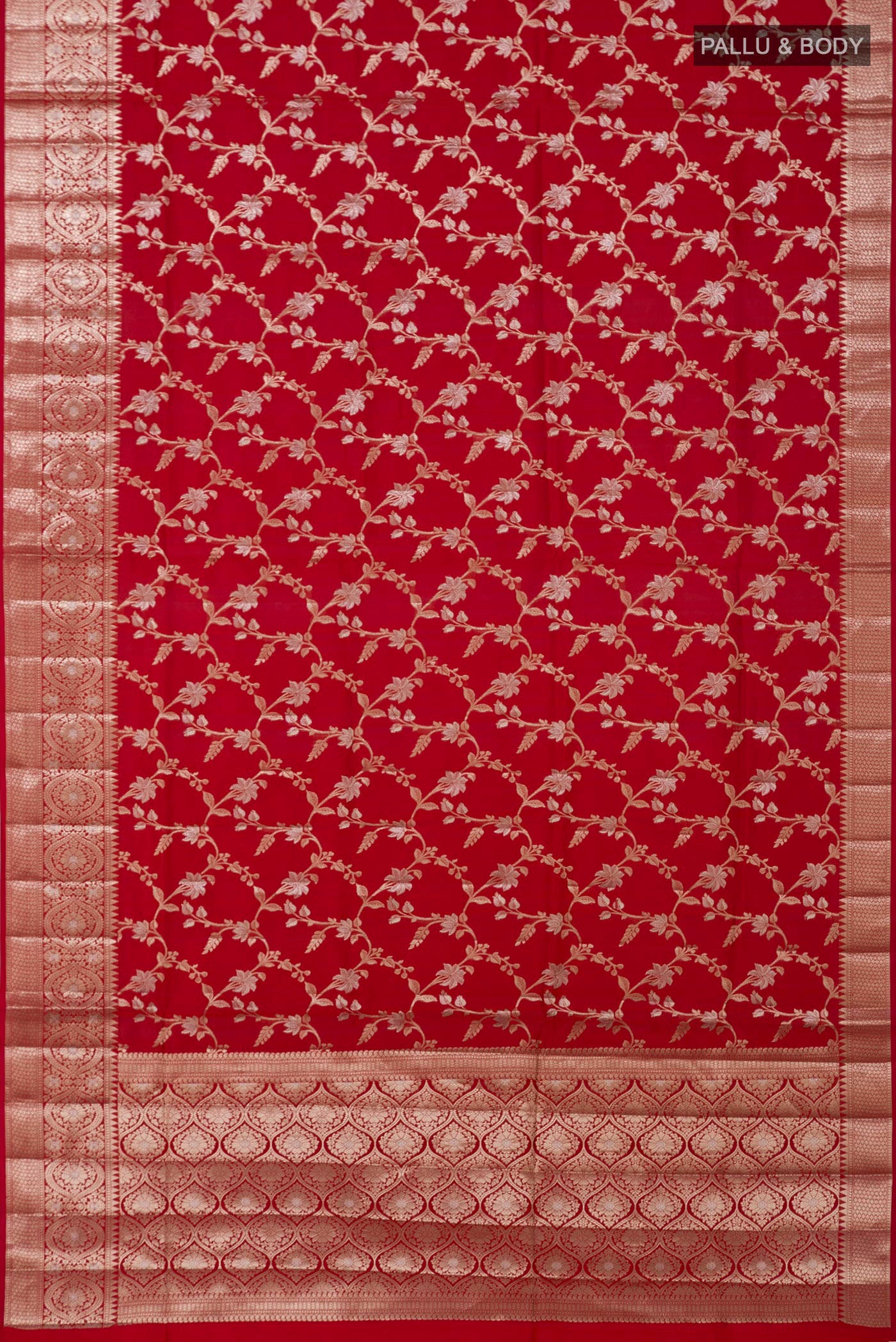 Flat view of Red Raw Silk Saree with Zari Butta on the body and Zari Border. 