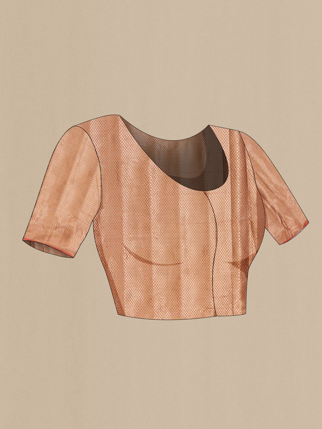 Close up image of the blouse of Peach Tussar Silk Saree with Fancy on the body and Zari Border. 