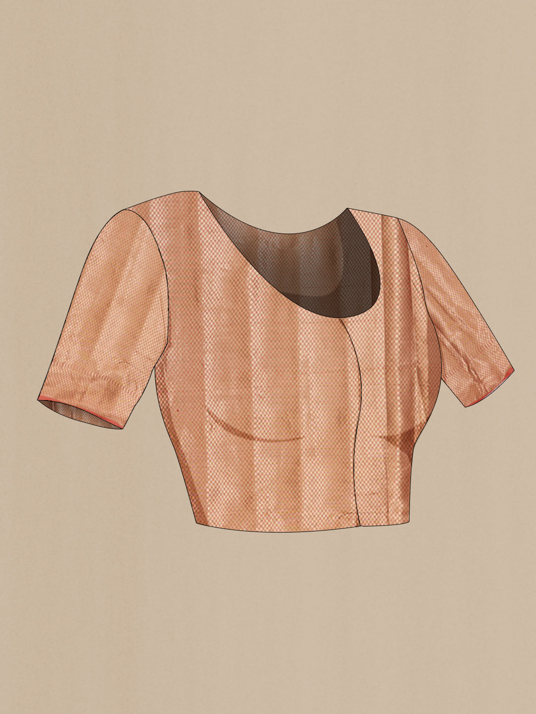 Close up image of the blouse of Peach Tussar Silk Saree with Fancy on the body and Zari Border. 