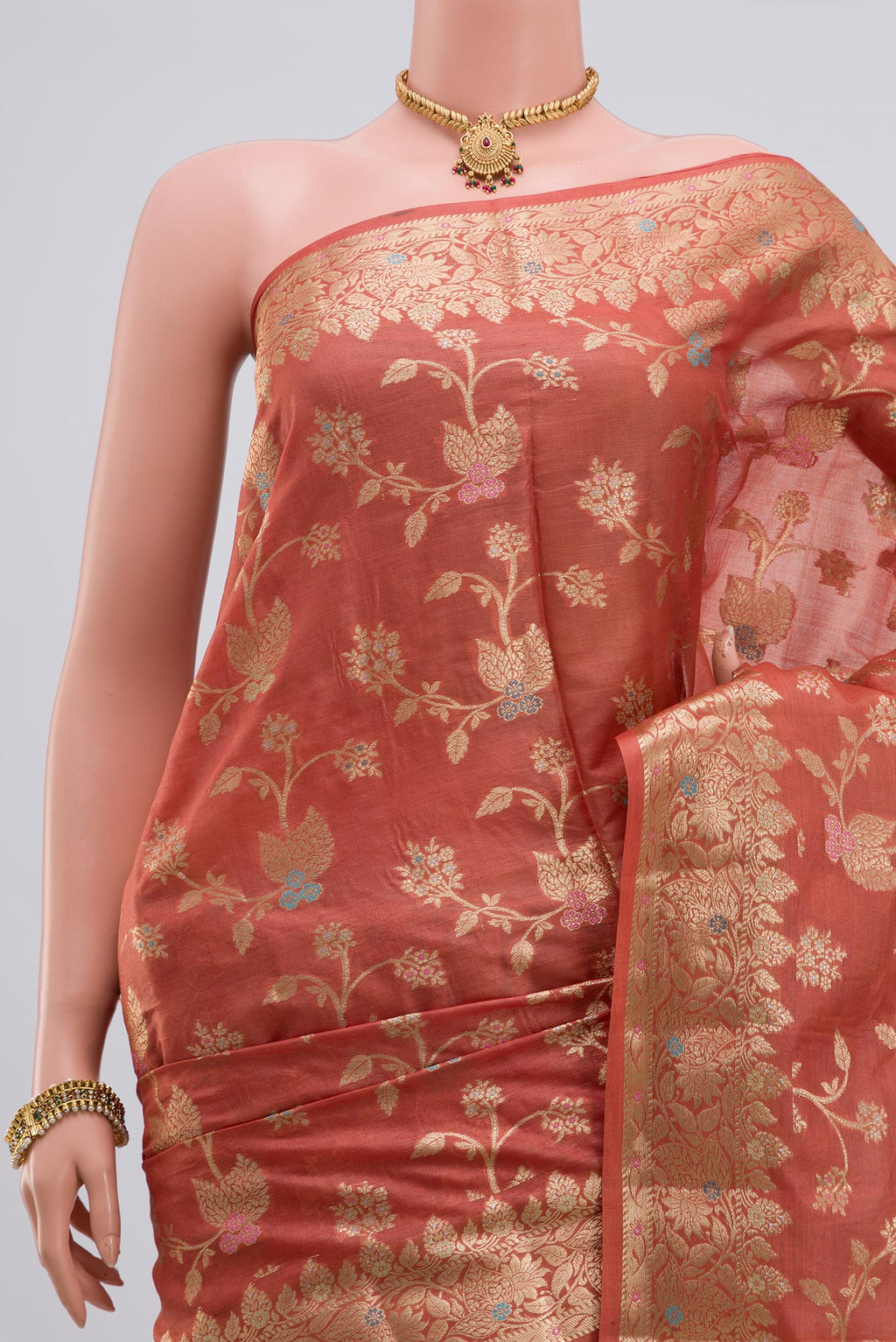 Border image of Peach Tussar Silk Saree with Fancy on the body and Zari Border. 