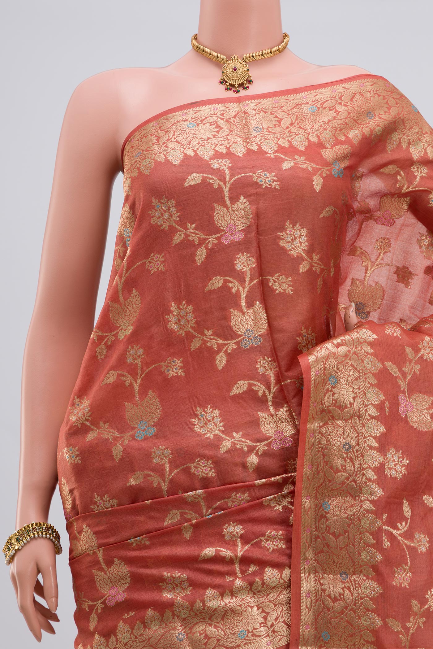 Border image of Peach Tussar Silk Saree with Fancy on the body and Zari Border. 