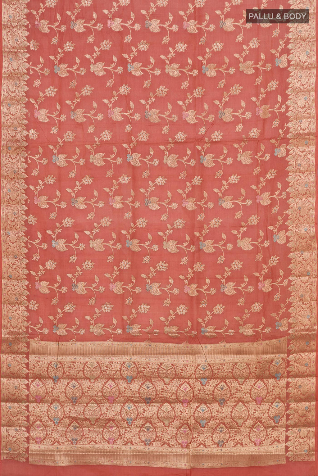 Flat view of Peach Tussar Silk Saree with Fancy on the body and Zari Border. 