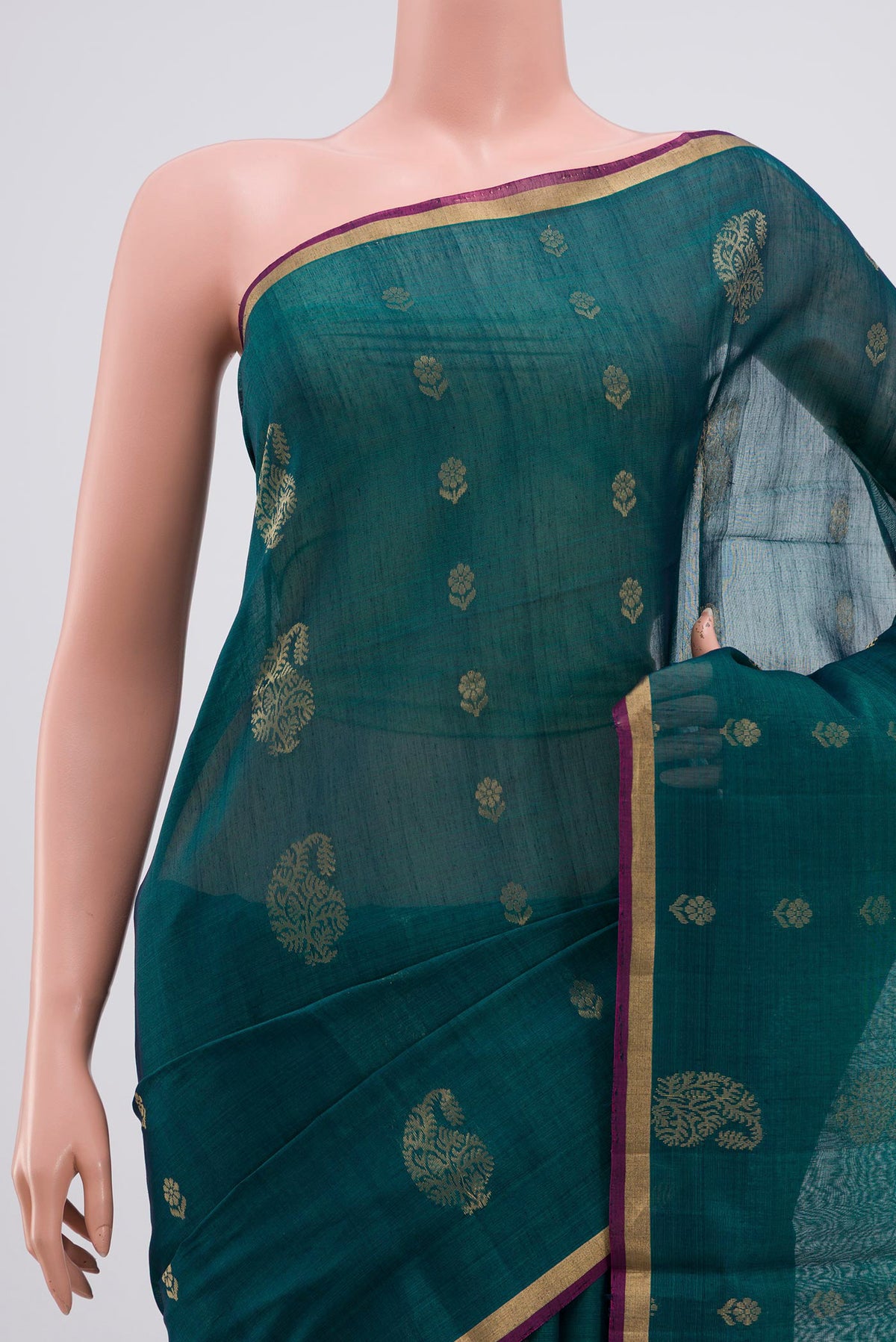 Border image of Peacock Blue Silk Cotton Saree with Zari Butta on the body and Thin Zari Line. 