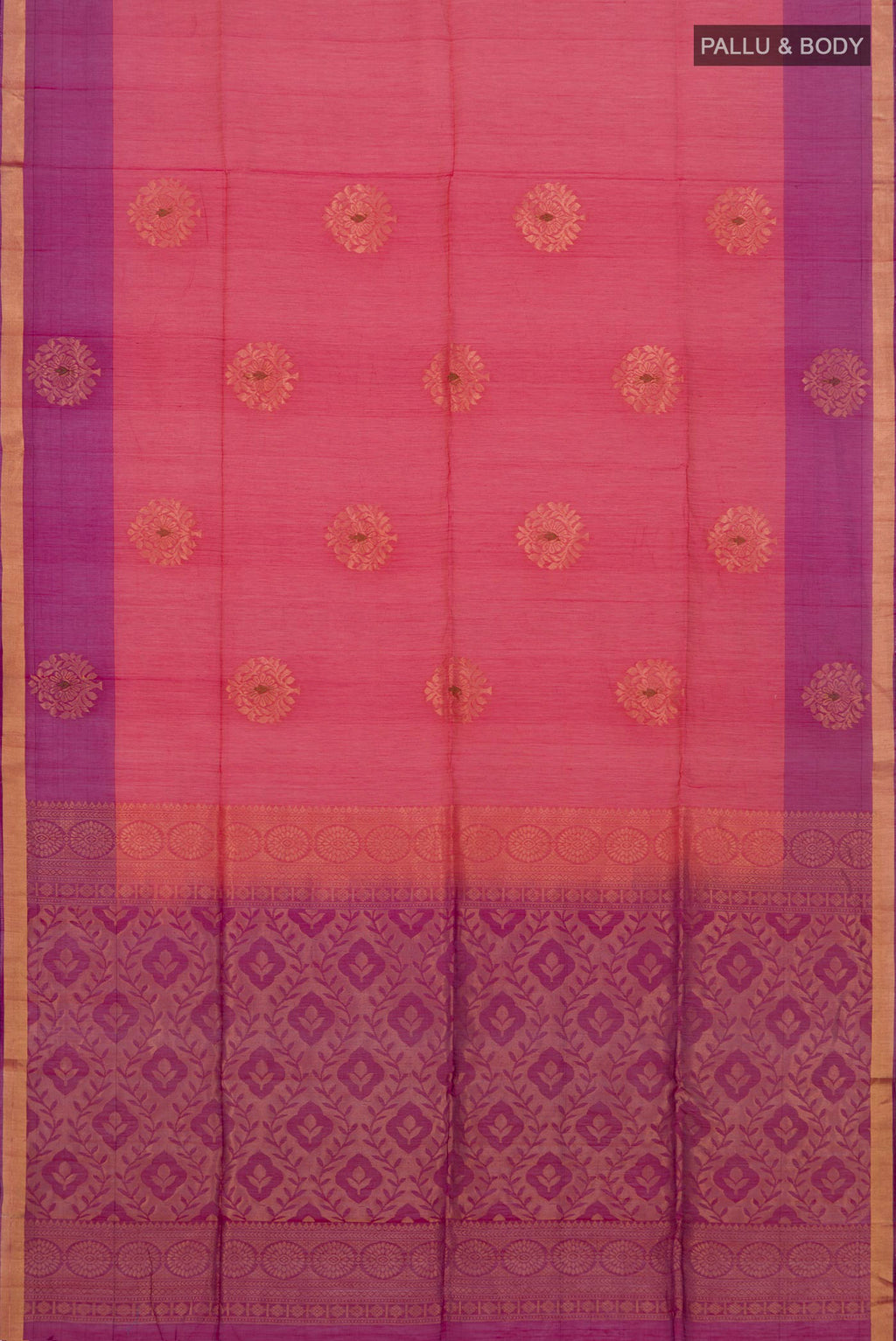 Flat view of Pink Coimbatore Silk Cotton Saree with Zari Butta on the body and Thin Zari Line. 