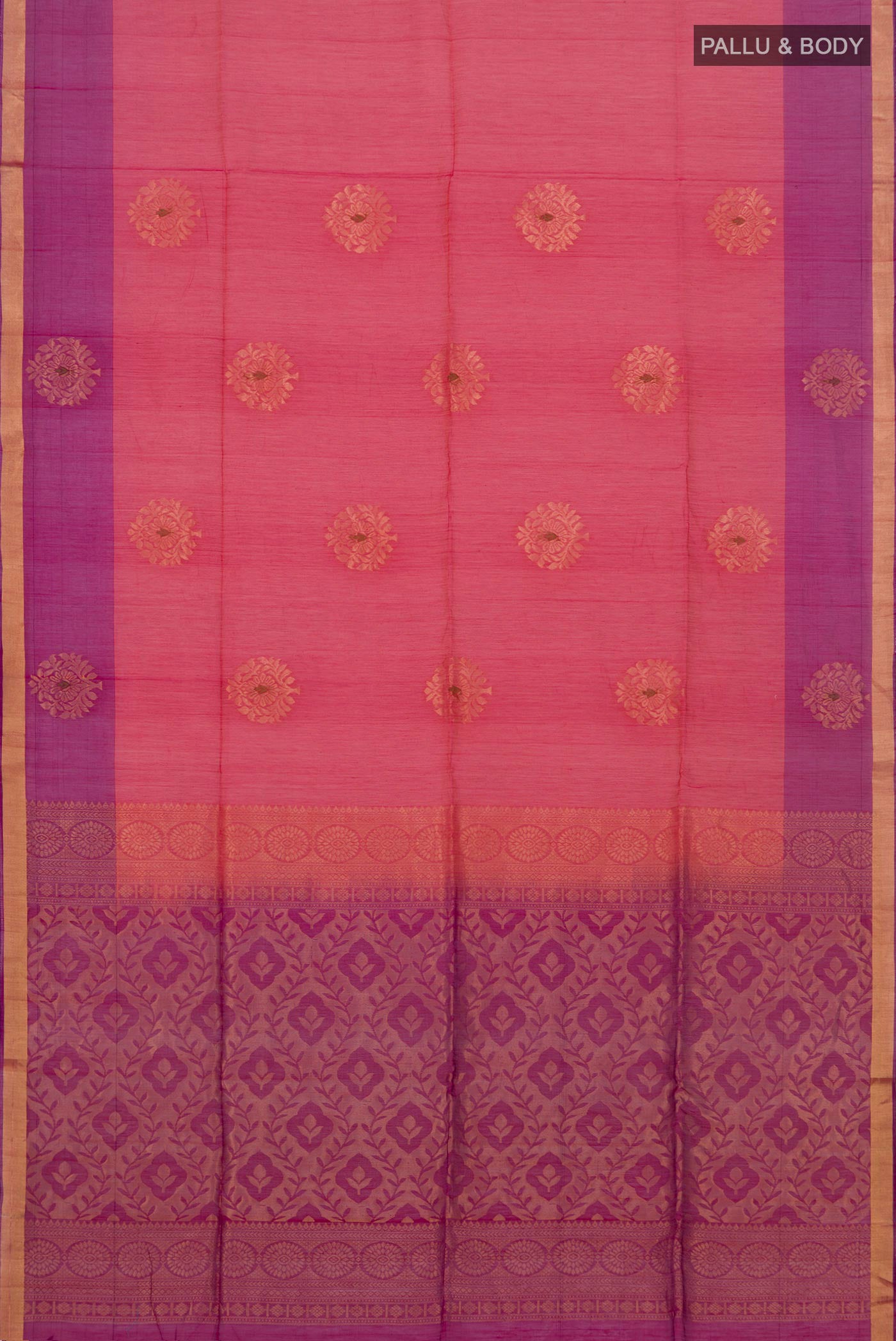 Flat view of Pink Coimbatore Silk Cotton Saree with Zari Butta on the body and Thin Zari Line. 