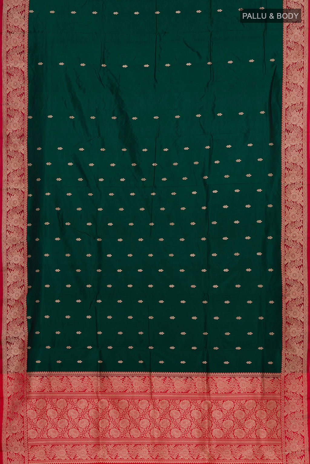 Flat view of Green Banarasi Katan Silk Saree with Zari Butta on the body and Zari Border. 