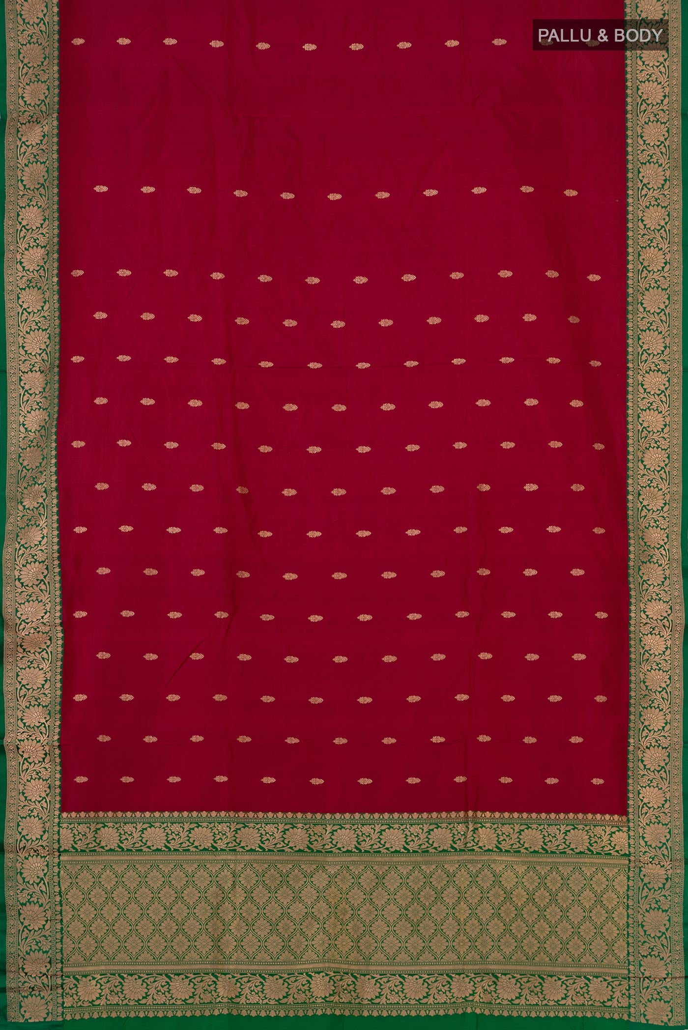 Flat view of Maroon Banarasi Katan Silk Saree with Zari Butta on the body and Zari Border. 