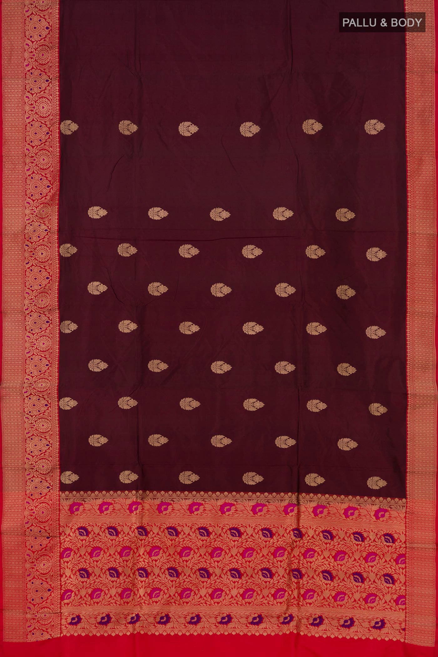 Flat view of Brown Banarasi Katan Silk Saree with Zari Butta on the body and Zari Border. 