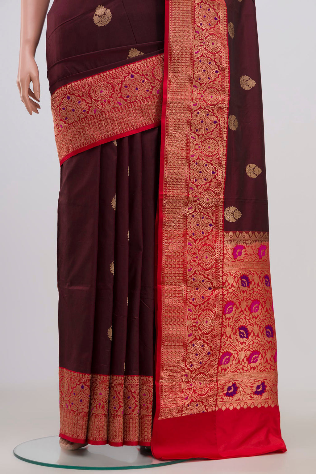Pleats and pallu of Brown Banarasi Katan Silk Saree with Zari Butta on the body and Zari Border. 